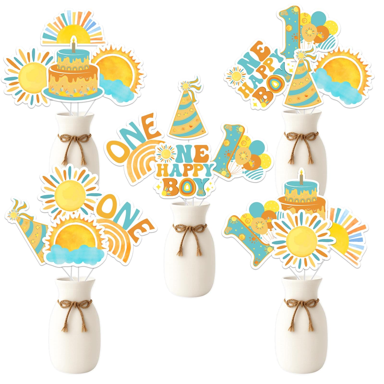 Sun 1st Birthday Decorations for Boy, 24Pcs One Happy Boy Centerpiece Sticks Boho First Trip Around The Sun Table Decorations Sunshine Table Signs for Boys Retro Sun Theme 1st Birthday Party Supplies