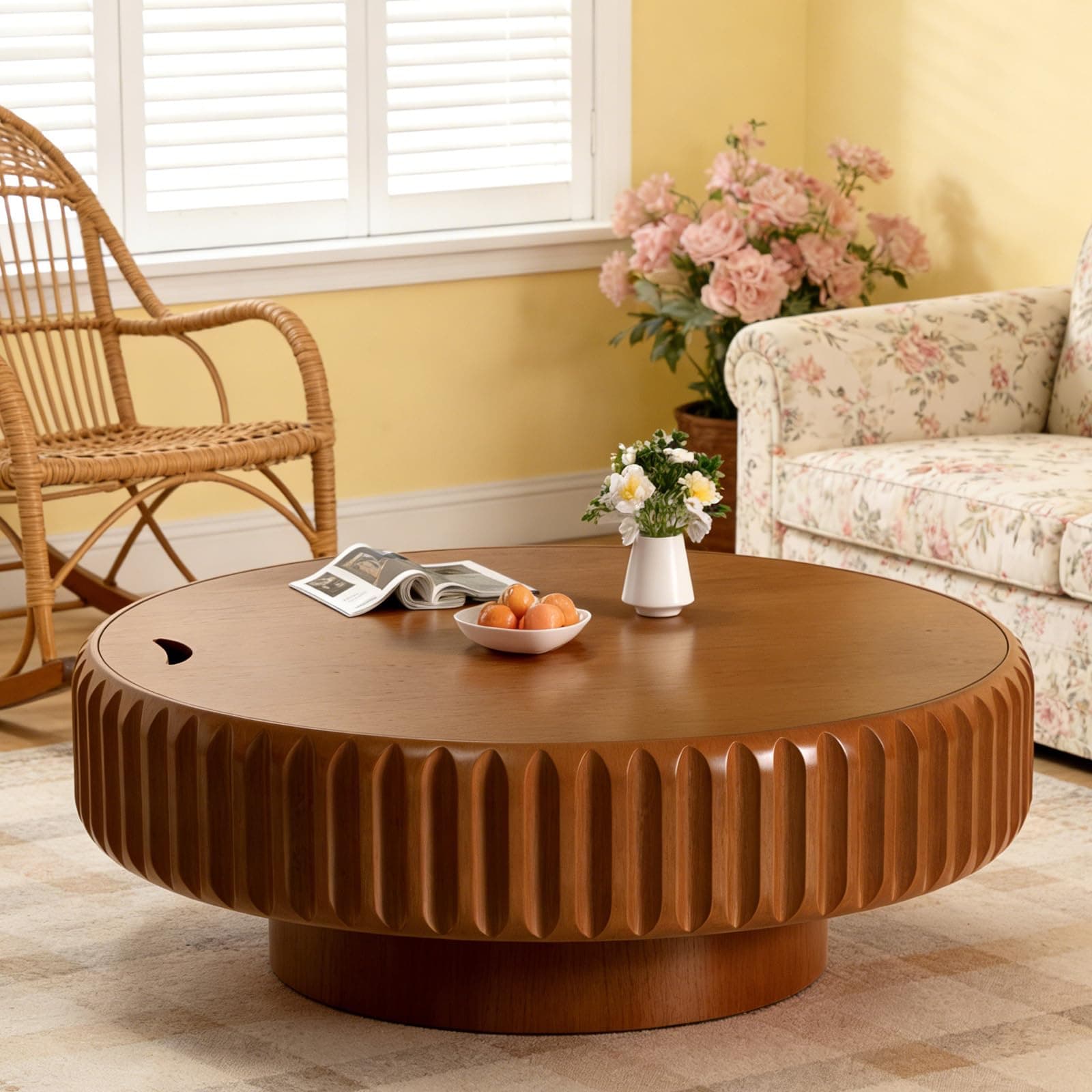 Round Coffee Table with Storage, 39 inch Round Wood Fluted Coffee Table with Hidden Storage, Mid Century Modern Low Circle Drum Coffee Tables for Living Room (Dark Brown, 39")