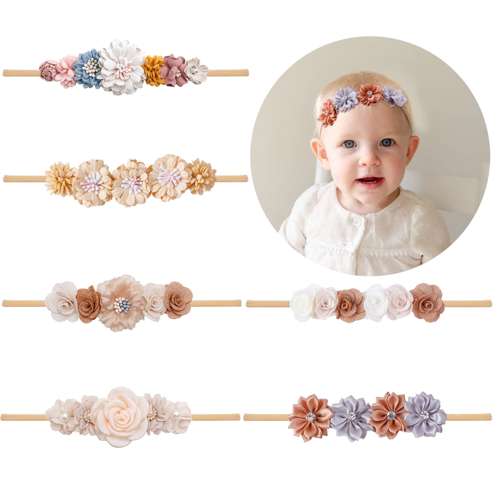 NUWAJP Baby Girls Headbands Flower Headband 6 Pcs Nylon Elastic Headbands Newborn Hair Bows Hair Accessories for Infant Toddlers Kids