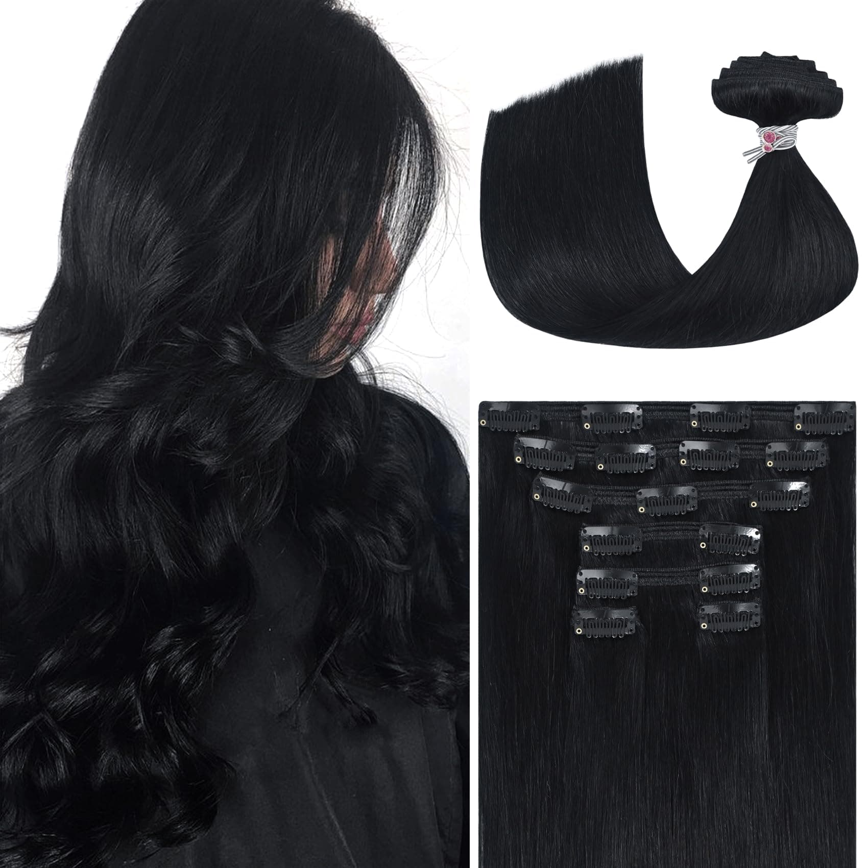 Ukira Black Clip in Hair Extensions Real Human Hair, 22 Inch 120g 7pcs #1 Jet Black Hair Extensions Real Human Hair, Soft Straight Remy Human Hair Clip in Extensions for Women