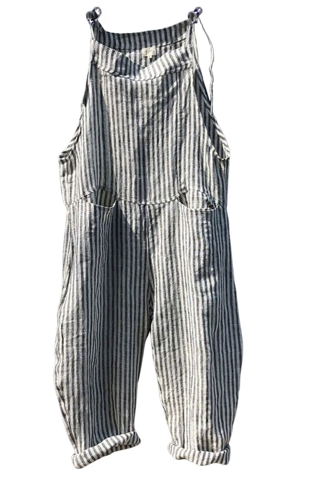 CHARTOU Women Oversized Summer Casual Stripes Cargo Jumpsuit Wide Leg Bib Overall Striped Linen Pants Dungarees Pocket, Grey Stripe, Large