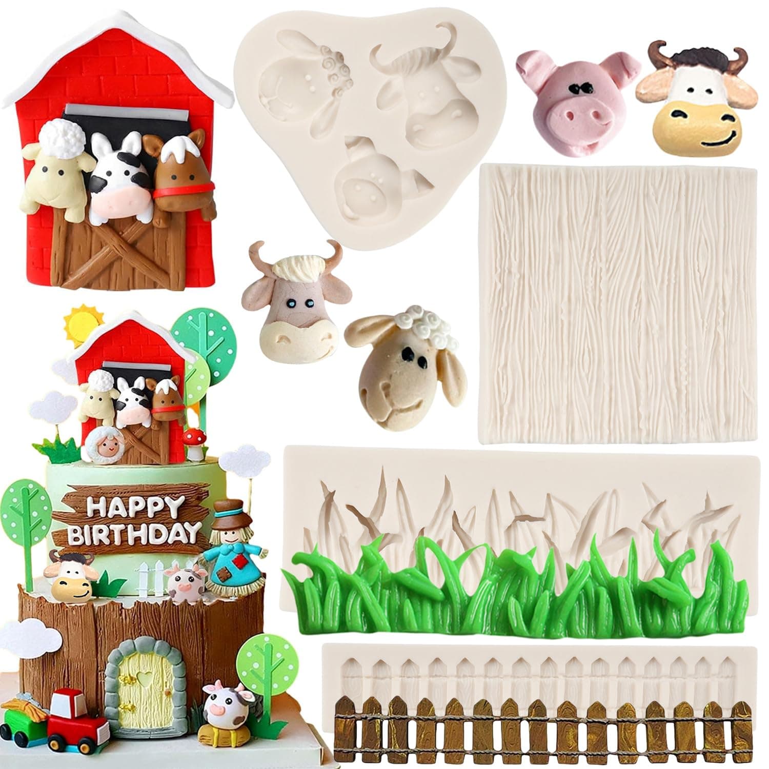 FCKEMLDS Farm Animal Cow Pig Sheep Head Silicone Mold Green Grass Picket Fence Wood Grain Tree Bark Fondant Mold for Farm Themed Cake Decoration Cupcake Topper Chocolate Candy Gum Paste Set of 4