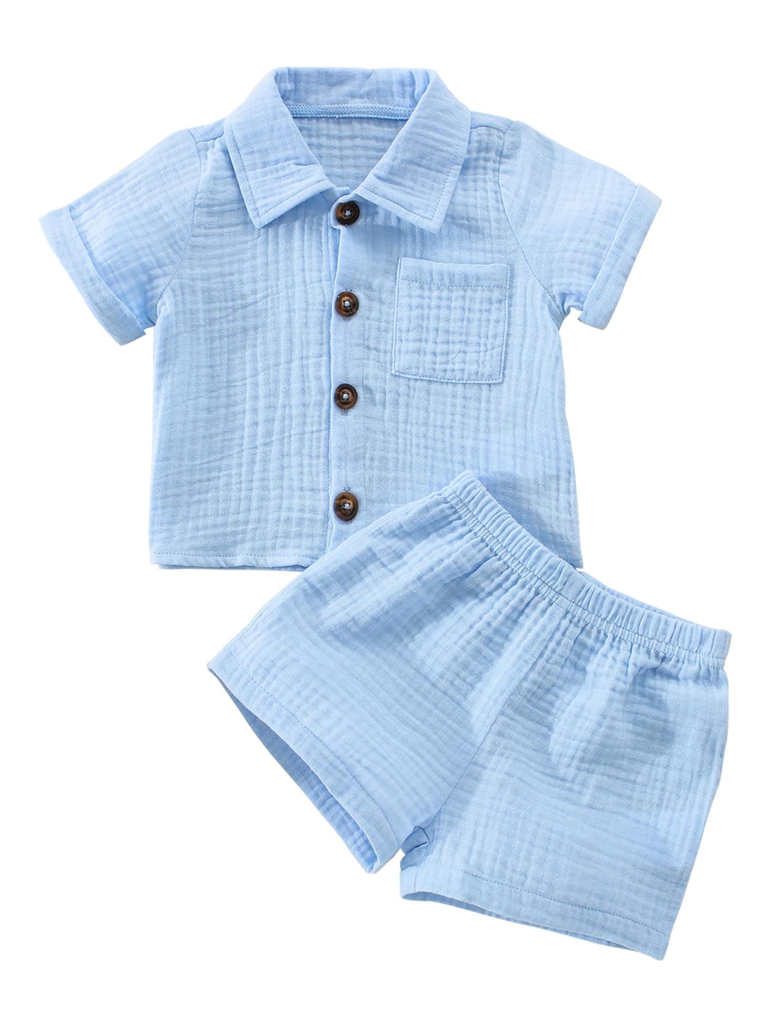 Toddler Baby Boys Cotton Linen 2Pcs Outfits Short Sleeve Button Shirt Elastic Shorts Summer 2 Piece Clothes Set (I-Blue, 0-6 Months)