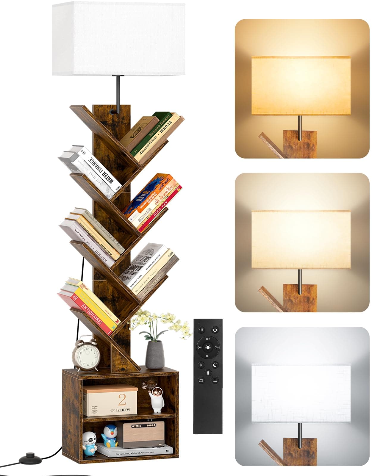 OUTONLIFE 9 Tier Tree Bookshelf with Light, Remote, Timer & Cabinet, Dimmable Modern Tall Floor Standing Corner Book Shelf, Small Narrow Wood Bookcase for Living Room, Bedroom, Office(Rustic Brown)