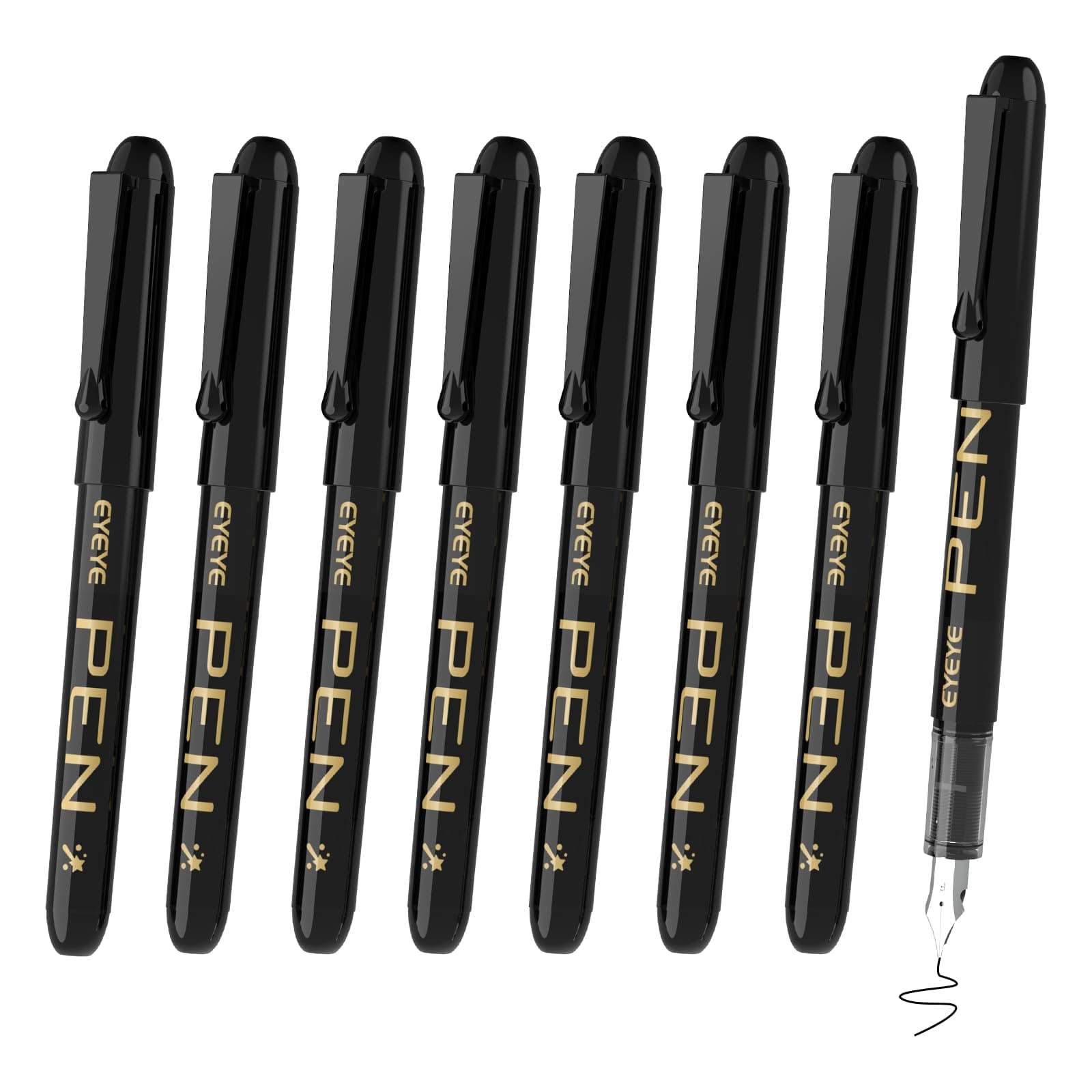 EYEYE Disposable Fountain Pens, 8 Pack Black Fine Point Pens for Writing, Stainless Steel Nib, Smooth Writing for Journaling, Drafting, Sketching, Doodling & Office Supplies