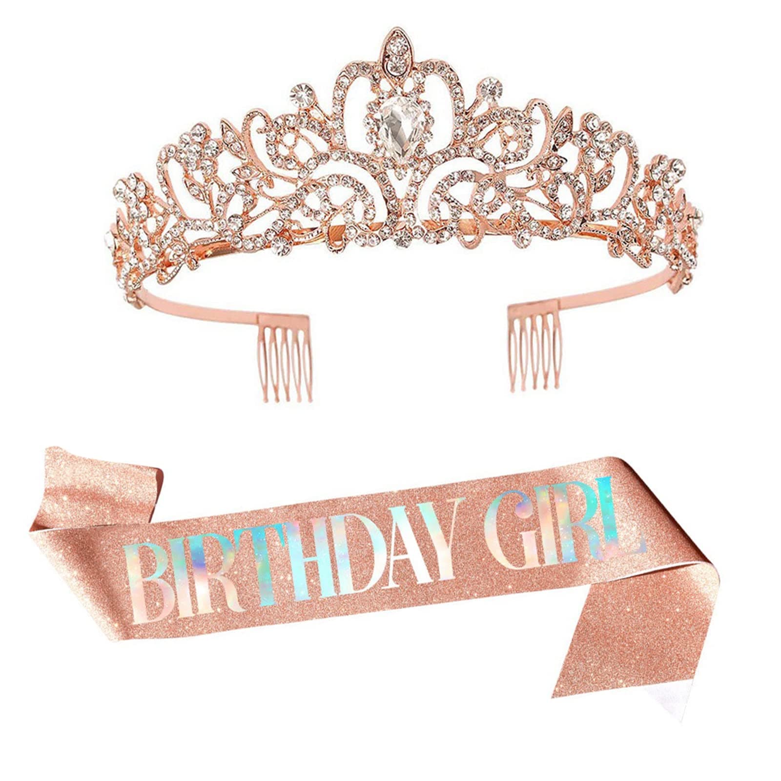 Dimetey Rose Gold Birthday Crown and Sash Set for Girls - Rhinestone Tiara & Glitter Sash
