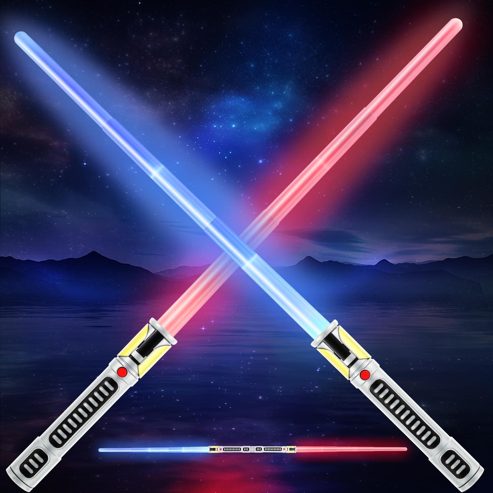 Light Up Saber for Kids 2 in 1 Retractable 7 Colors LED Light Sword Toy with Motion Sensitive FX Sound for Christmas, Halloween, Galaxy War Fighters 2 Pack