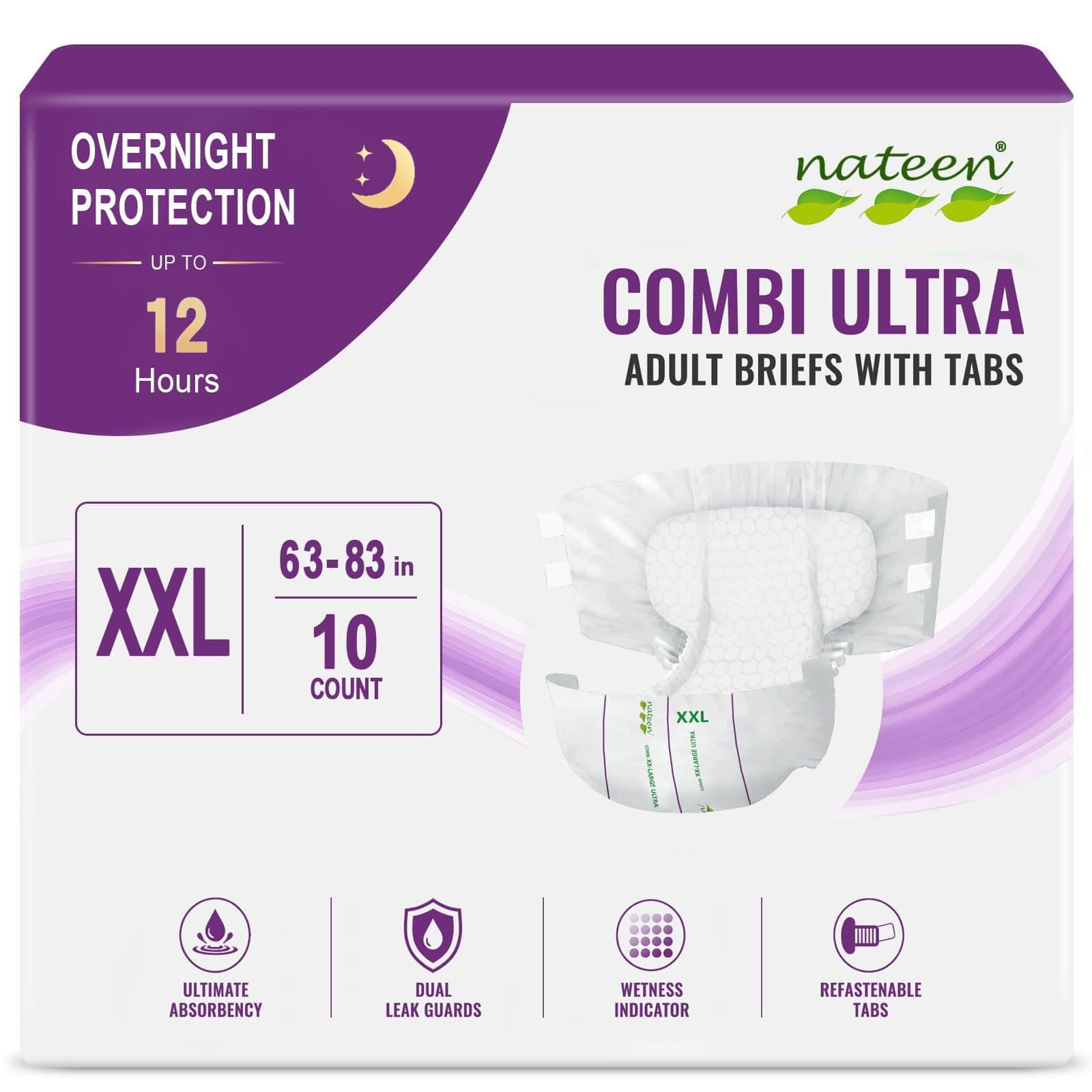 Nateen Combi Ultra Adult Diapers with Tabs for Men & Women,Ultimate Absorbency Incontinence Briefs,Overnight Protection Disposable Bariatric Adult Underwear for Heavy Leaks (XX-Large, 10Count)