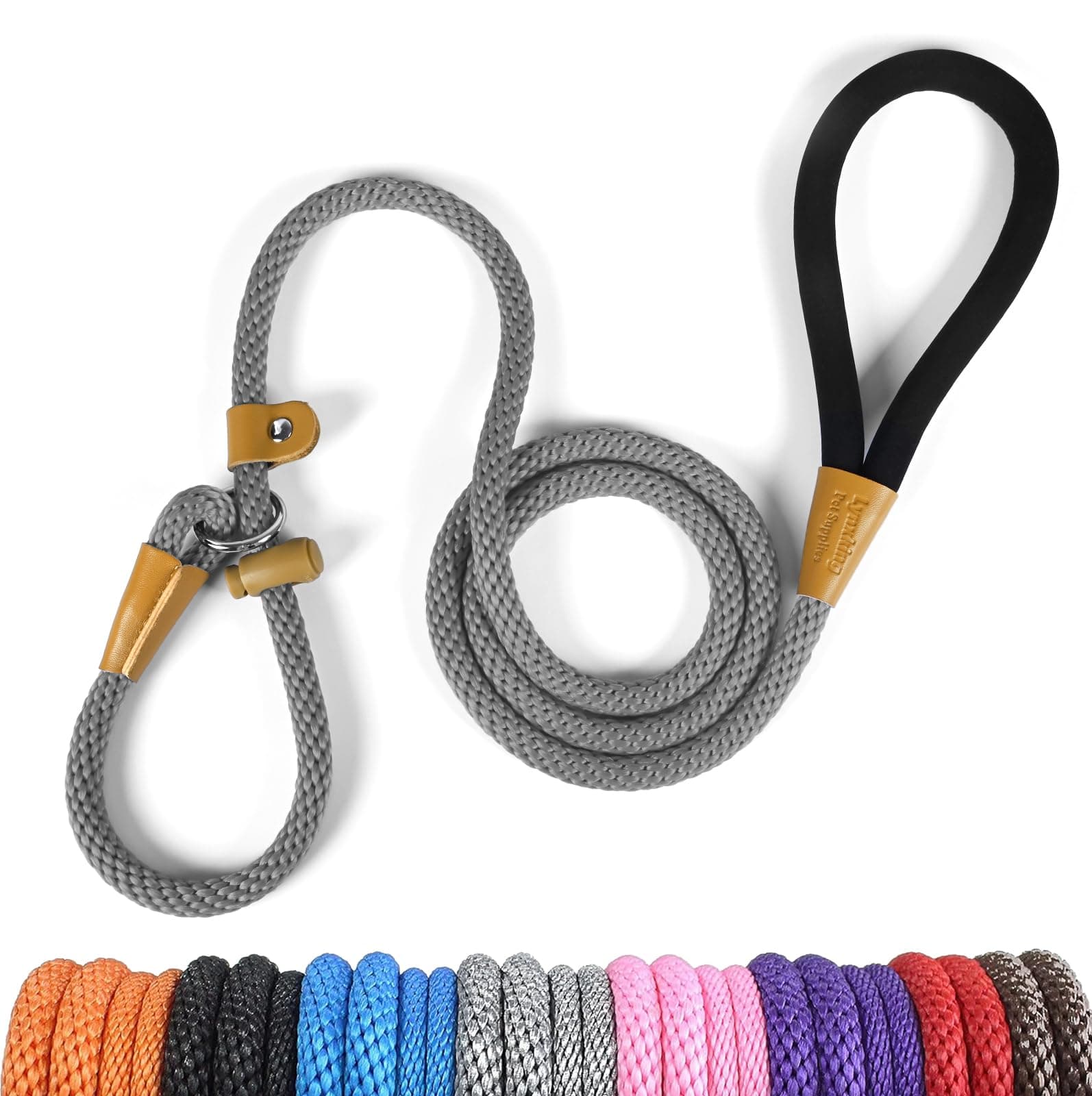 lynxking Slip Lead Dog Leash Strong Heavy Duty Dog Rope Leash Braided Comfortable Handle for Small Medium Large Dogs (Grey, Slip Lead-Large 1/2in x 5ft)