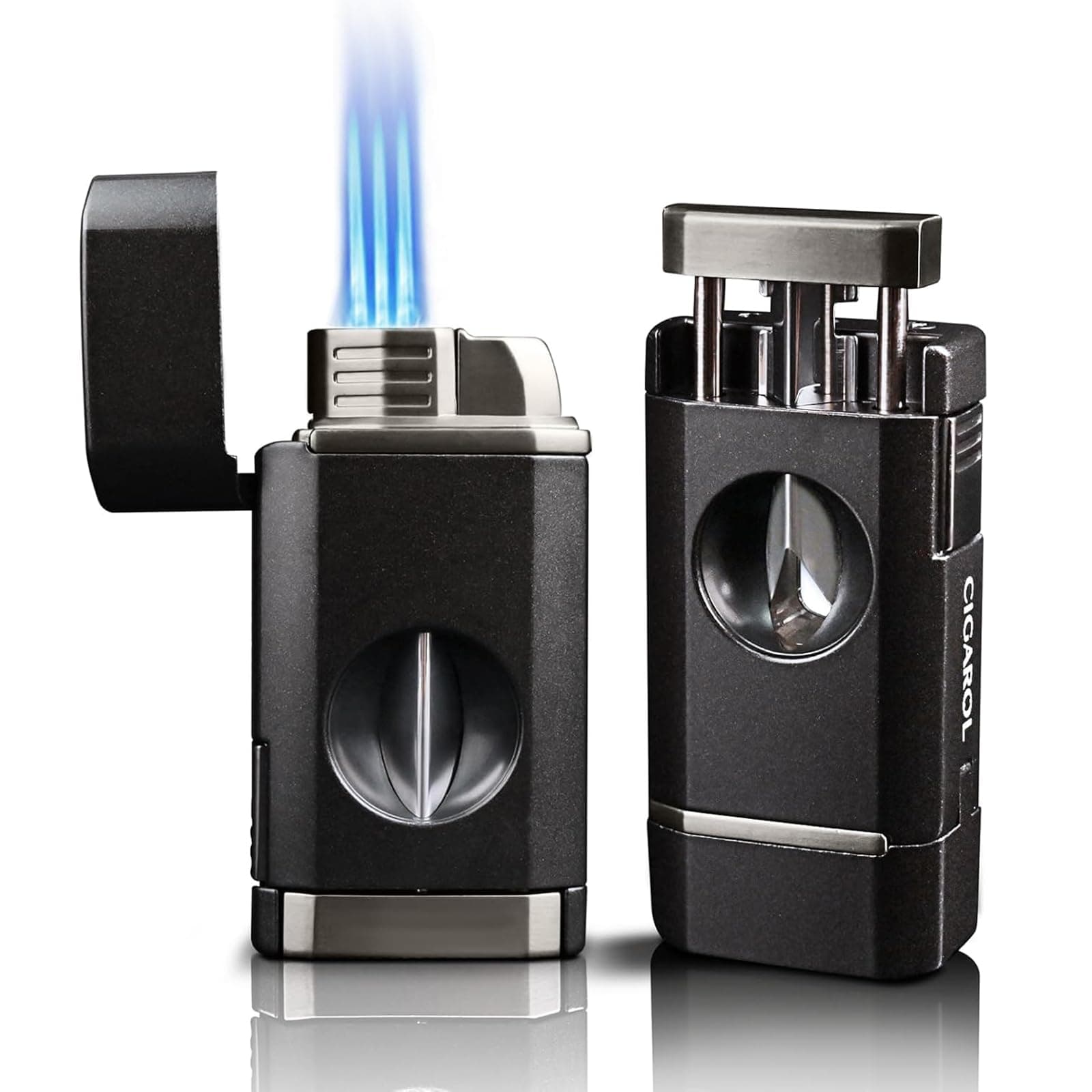 CIGAROL Cigar Torch Lighter, 3-in-1 Windproof Lighters, Built-in Cigar V Cutter, Holder and 3 Jet Flame, Refillable Butane Lighters, Cigar Gift Set for Men (Black)