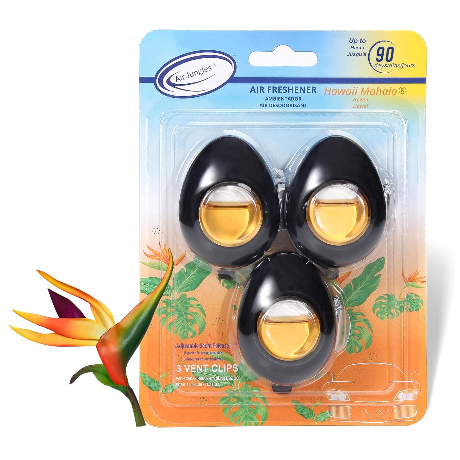 Air Jungles Car Air Freshener Vent Clip 3 Count, Hawaii Mahalo Scent, 4 ml Each, Long-Lasting Car Odor Eliminator, Easy Clip-On Design, Up to 90 Days Freshness for Cars, Trucks, and SUVs