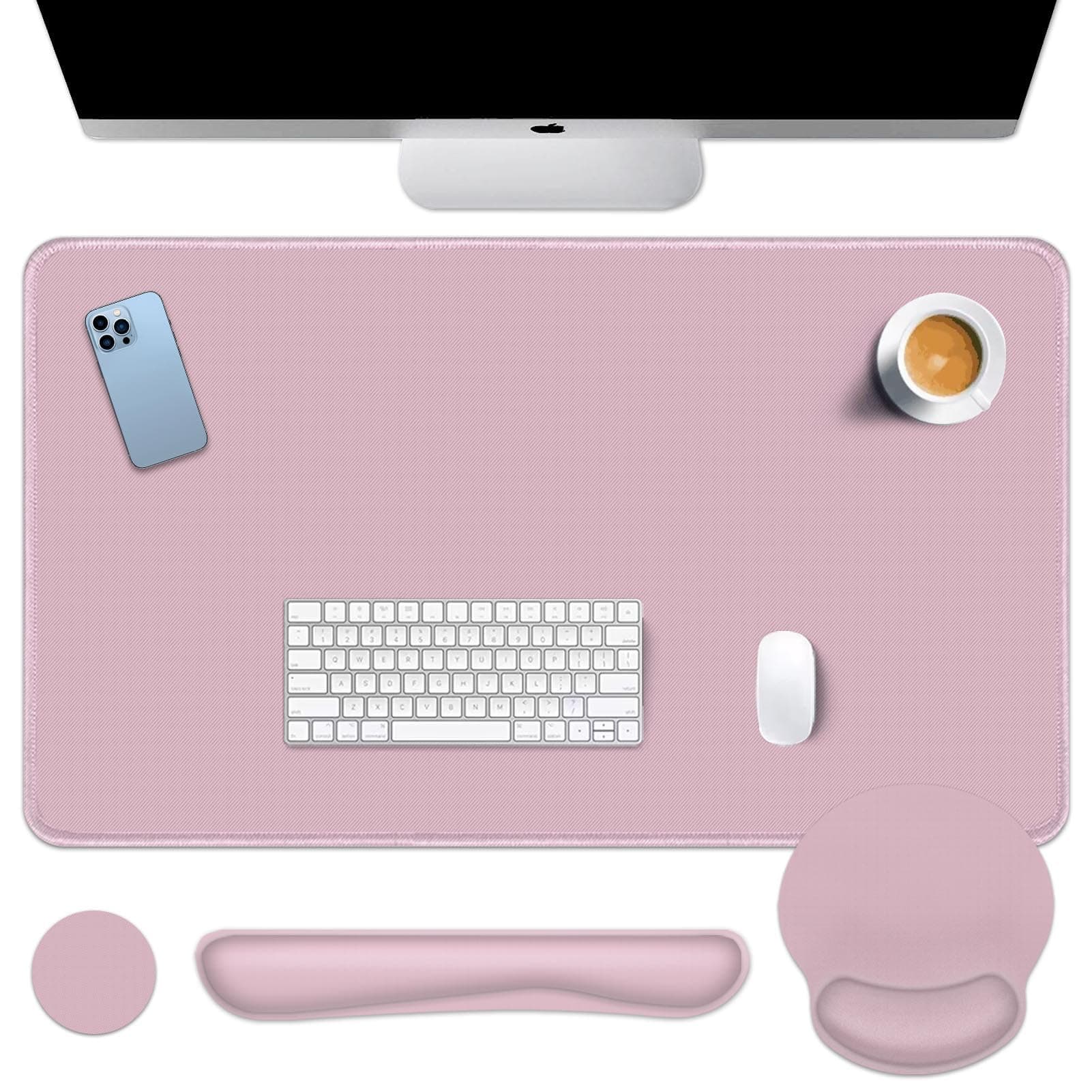 Britimes Pink Mouse Pad Set Pink 4 in1 Large Mousepad+Keyboard Wrist Rest+Mouse Wrist Rest+Coaster Ergonomic Design for Home Office Computer 35.4x15.7Inches