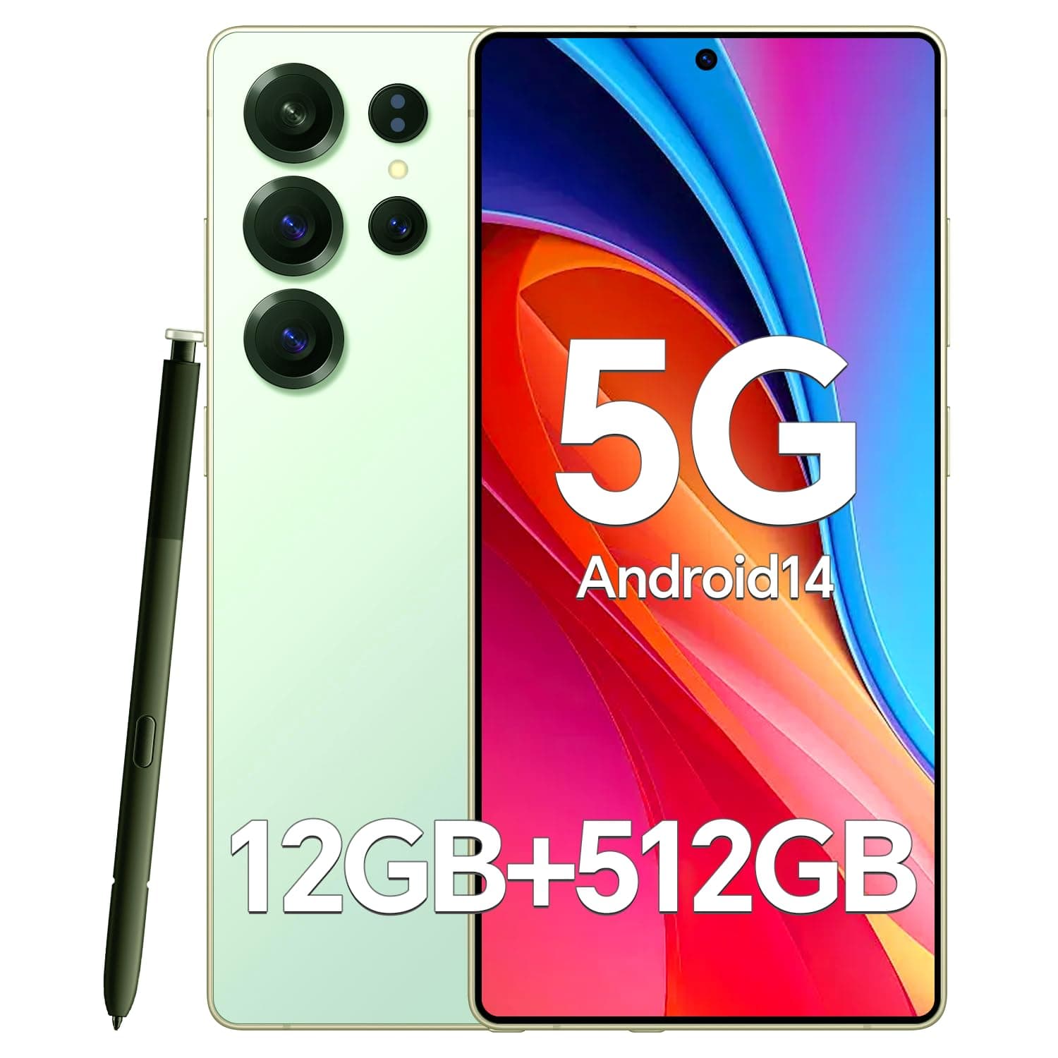 SEMIYUUKEE D25 Bulid-in Pen Unlocked Phones,5G Android 14 Smartphone, 12GB+512GB Unlocked Android Phones, Snapdragon888, 5000mAh, 48+108MP Camera, 6.9“ HD Screen, Dual SIM+Memory Expansion,Green