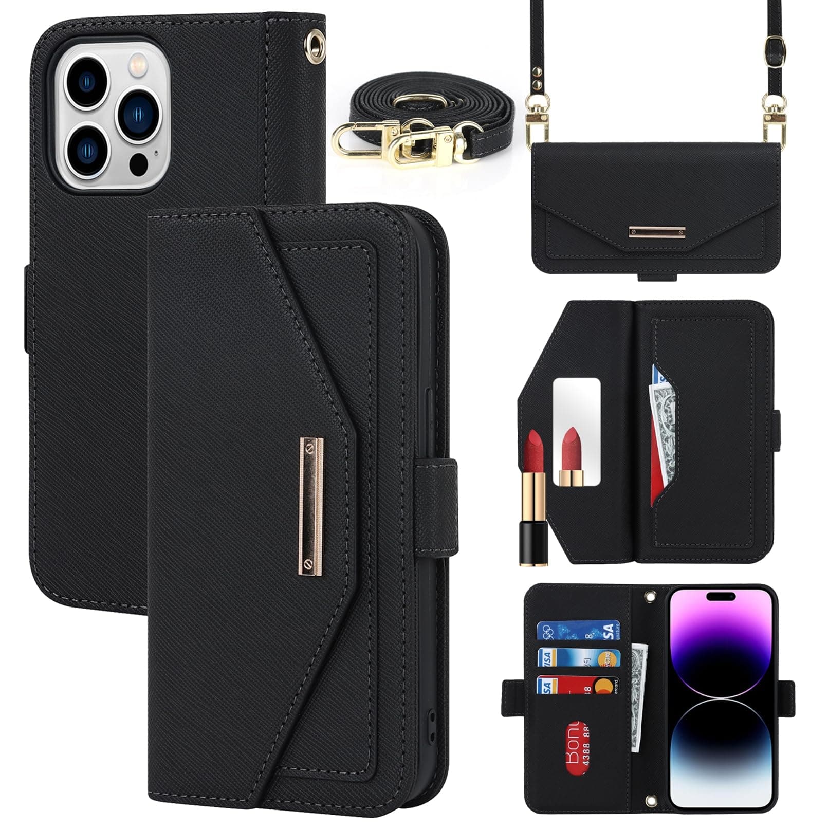 Crossbody Wallet for iPhone 15 Pro Max Case with Strap,6.7",Black