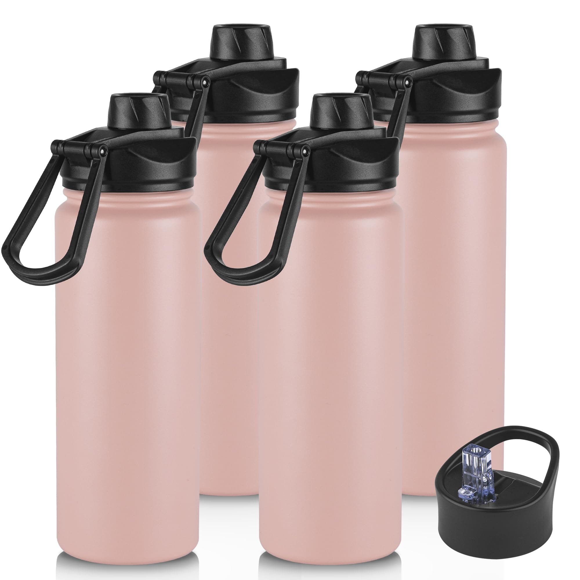 16 oz Insulated Water Bottle with Straw Lids, Stainless Steel Water Bottles, Double Wall Vacuum Metal Water Bottle with Straw & Wide Mouth Lid, Harbor Pink 4 Pack