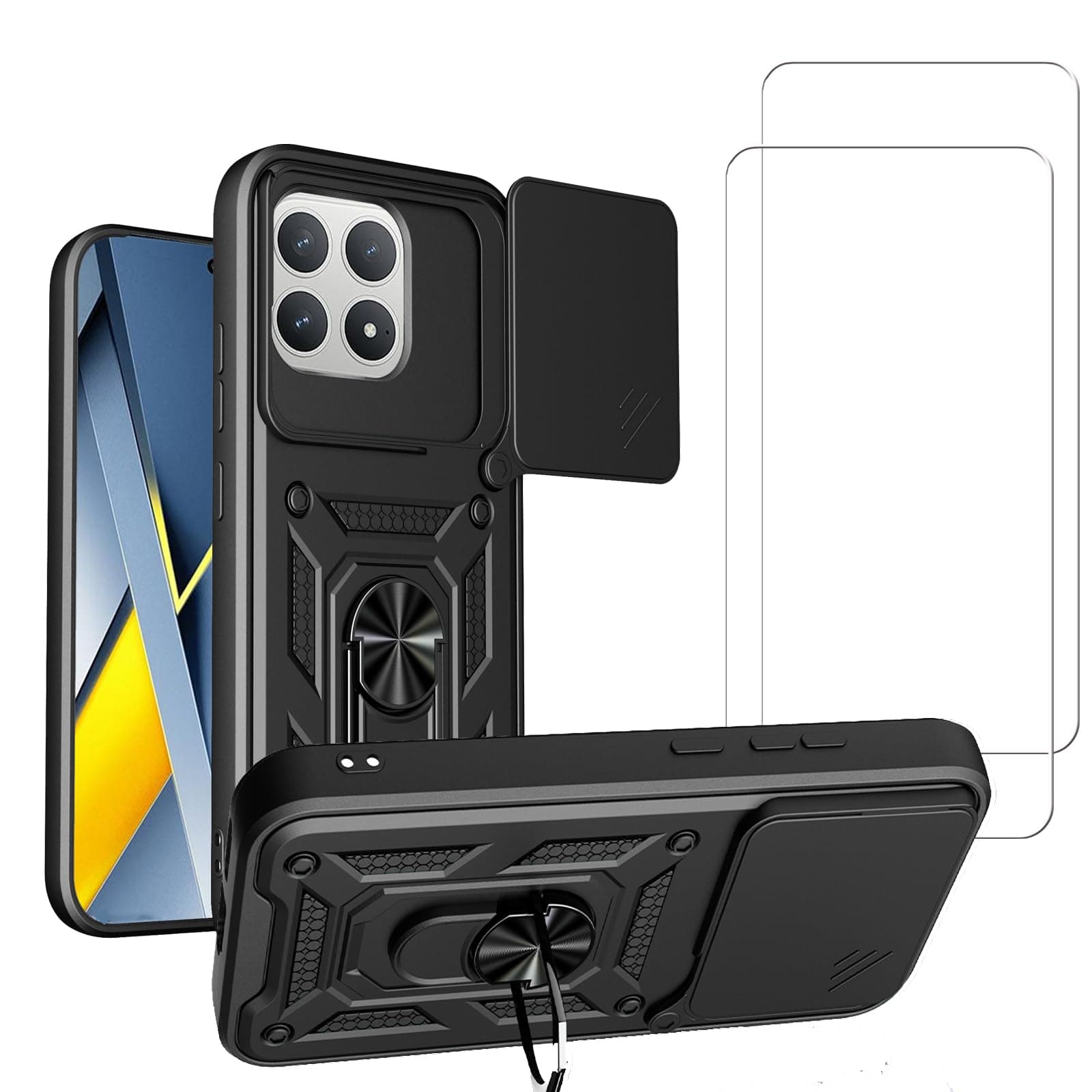 Anvzle for Xiaomi Poco F8 Pro Case with [2 Pack] Tempered Glass Screen Protector, for Poco F8 Pro Case [Military-Grade] Protective，with Lens Protects Magnetic Kickstand Holder Case Black