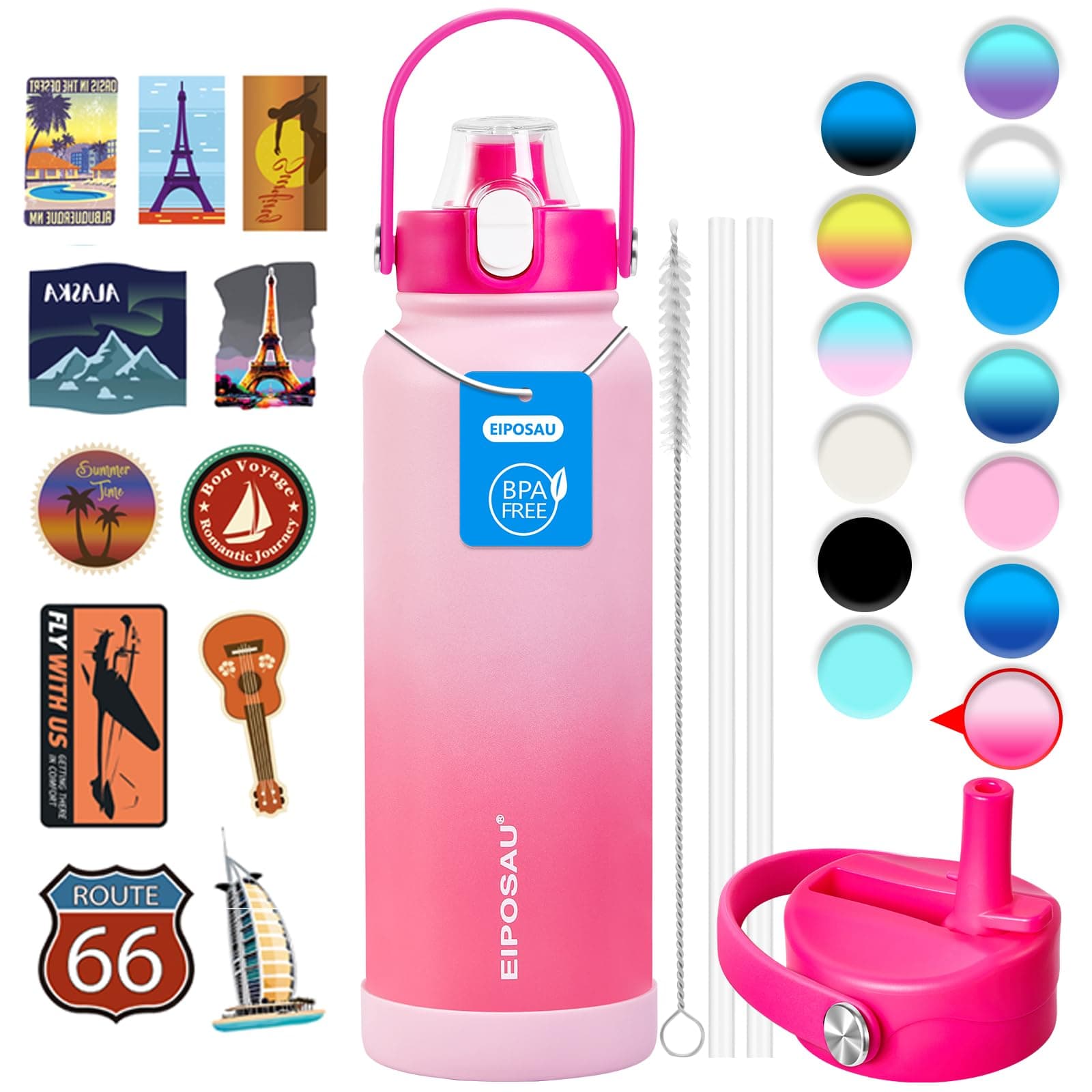 Insulated Water Bottle with Lid & Boot &Stickers, 40 oz Stainless Steel Sweat Free Bottle Keep Cold 24H, BPA-Free Sports Wide Mouth Water Bottle, PinkRed