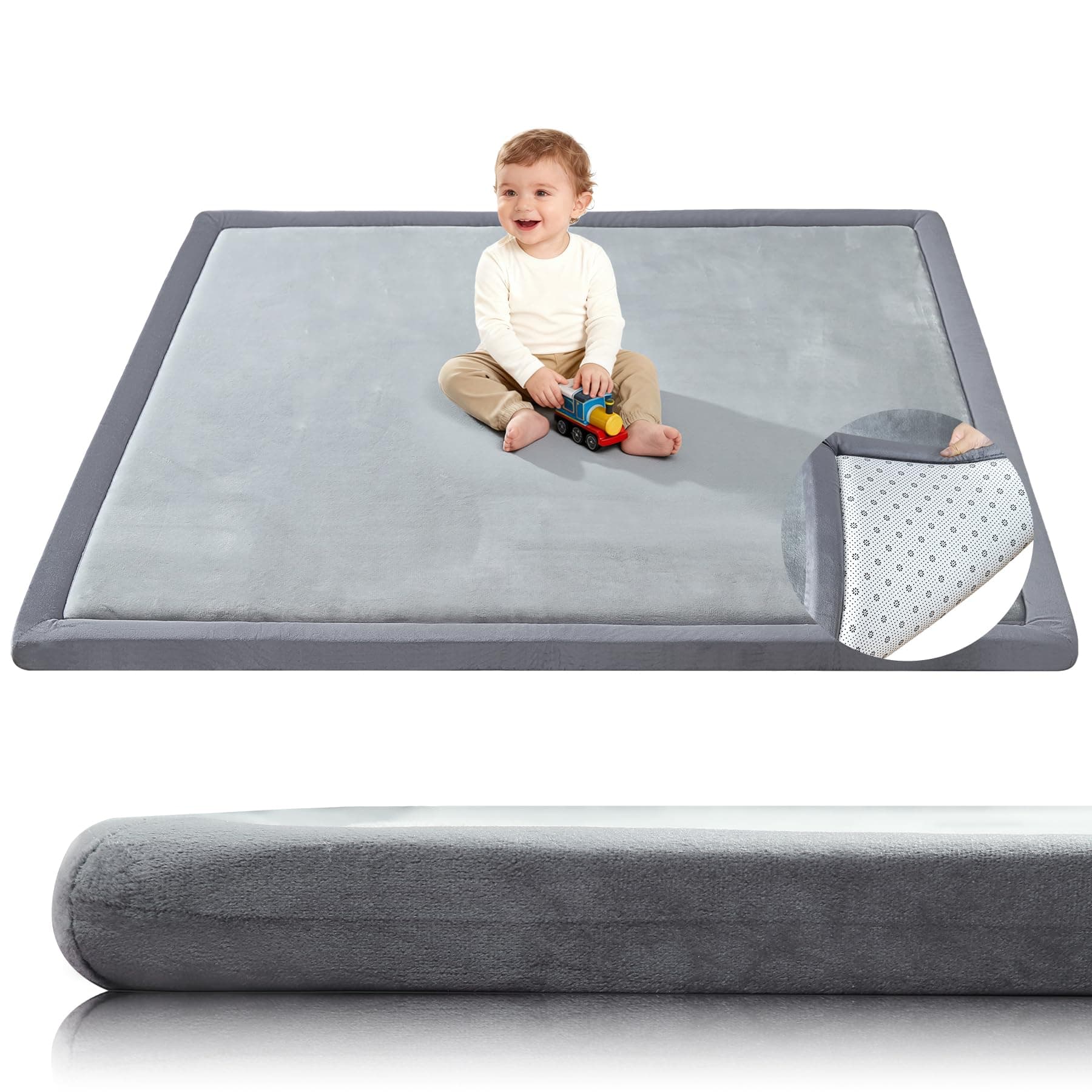 Baby Play Mat for Floor,1.3" Thick 50x50 Playpen Mat,Tummy Time Foam Mats,Plush Soft Padded Playmate for Babies 6-12 Months Crawling,Non-Slip Nursery Rug for Toddler Kids Playroom(Grey)