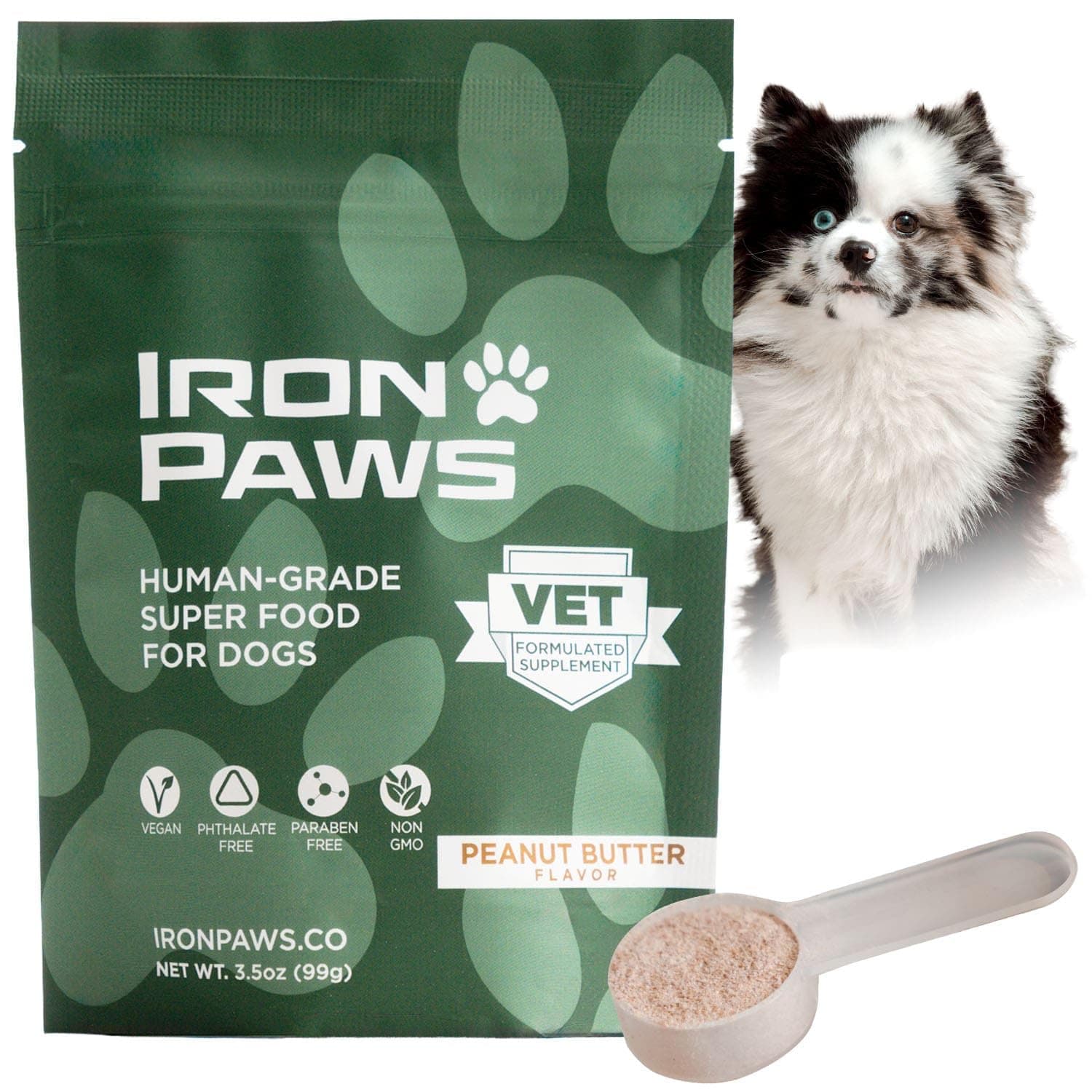 Human-Grade Superfood for Dogs, Premium Greens Powder Supplement for Dental Health, Longevity, Hip & Joint, Gut Health, Allergies, Immune Support, Skin & Coat - Peanut Butter - 3.5 oz
