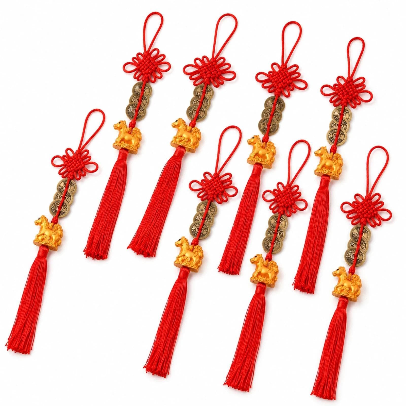 LOGOFUN 8pcs Chinese Lucky Horse Amulet Keychain with Fengshui I-ching Coins for 2026 Spring Festival New Year Good Luck Purse Car Bonsai Decoration