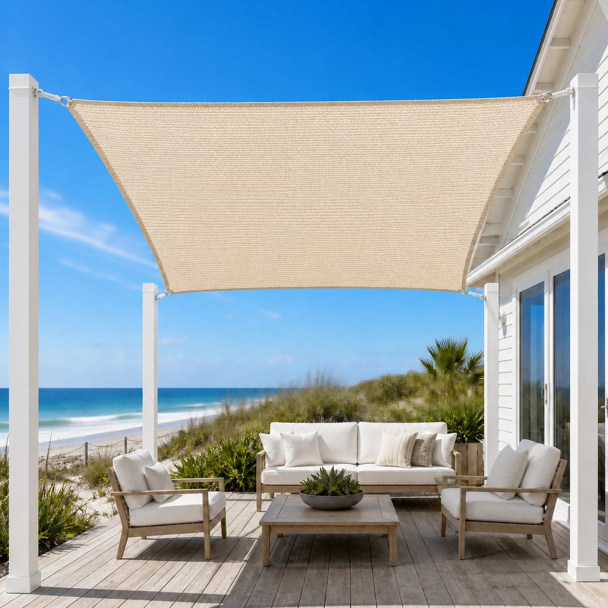 17' x 21' Beige Straight Edge Sun Shade Sail, Rectangle Awning Outdoor Shade Cloth Pergola Cover UV Block Fabric- Customized
