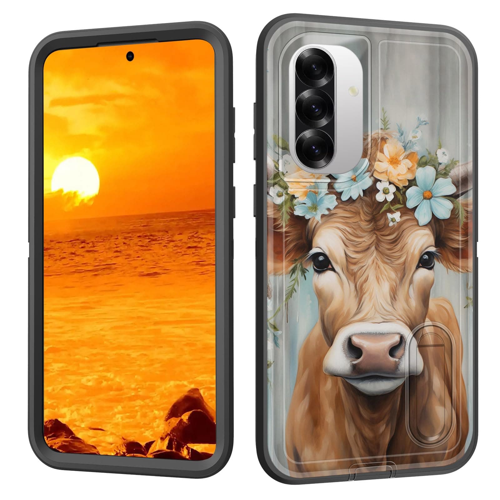 BFUKVOU for Galaxy A36/A56 5G Case with Built in Kickstand,Shockproof/Dustproof/Drop Proof 3-Layer Military Grade Protective Cover for Samsung Galaxy A36/A56 5G 6.7",Highland Cow with Floral Art