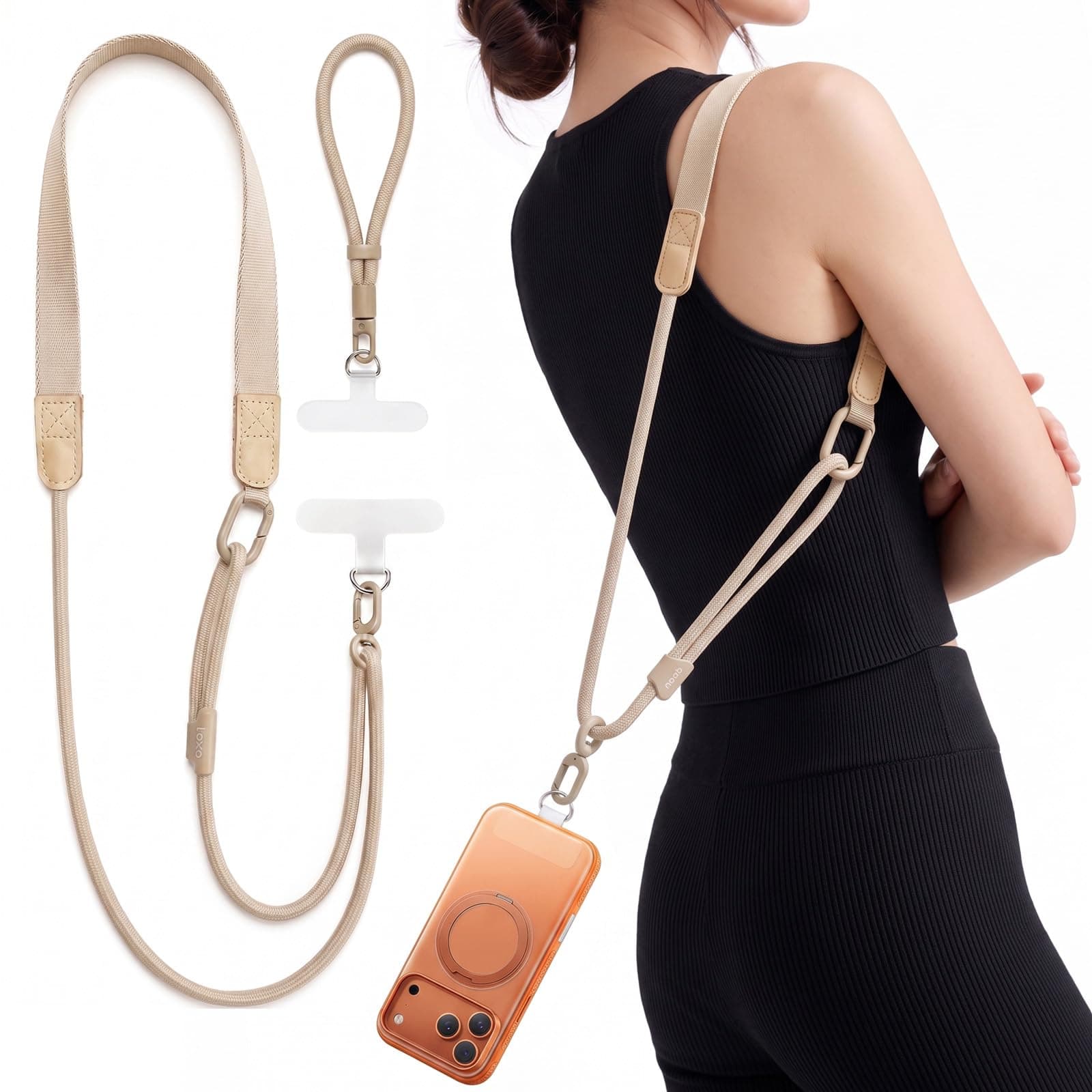 LOXP Adjustable Crossbody Phone Lanyard with Wrist Strap & 2 Tabs, Khaki