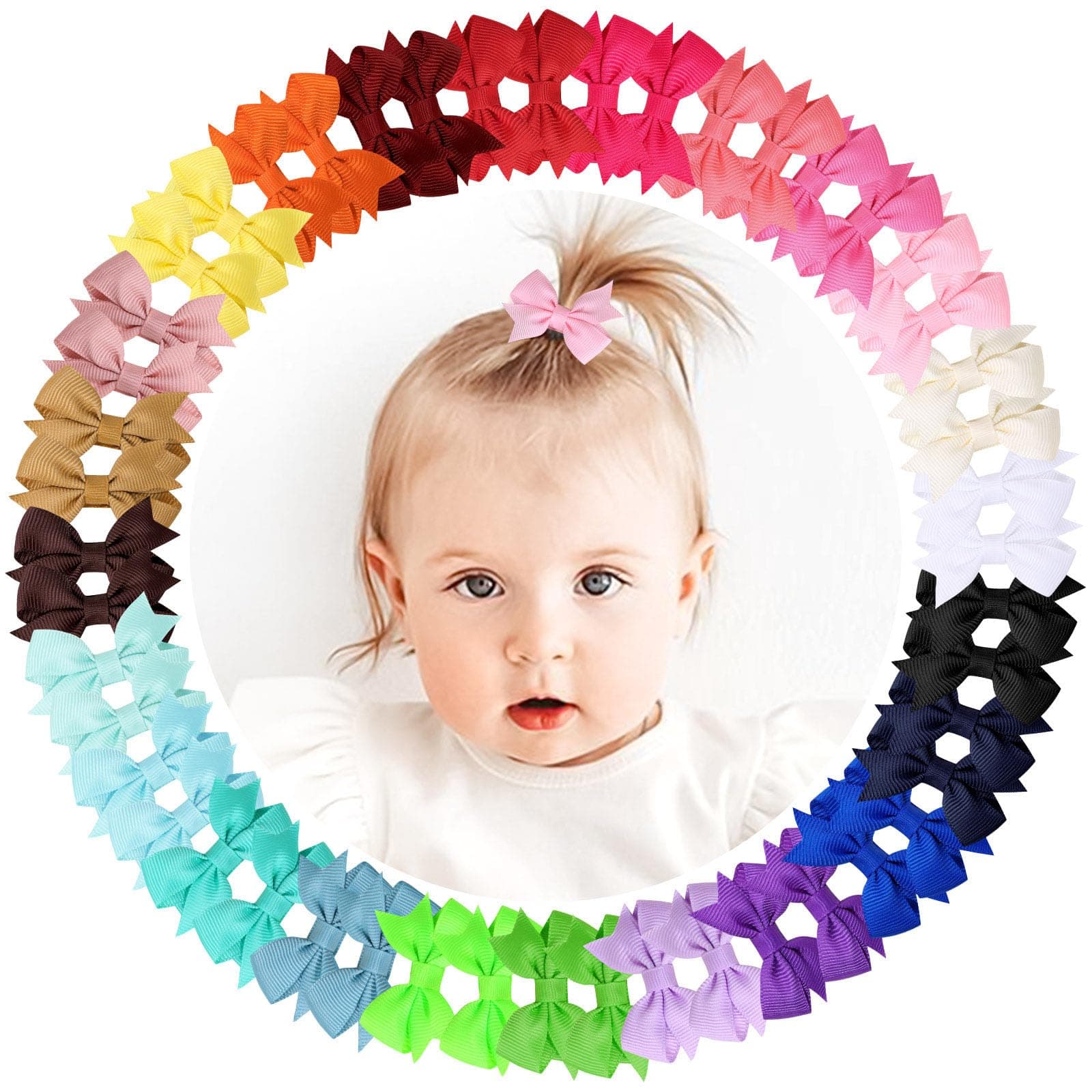 Oaoleer Baby Girls Fully Lined Baby Bows Hair Pins Tiny Hair Bows Alligator Clips for Infants Toddlers - 48PCS 2inch, 24 Colors in Pairs (Style D-48pcs)