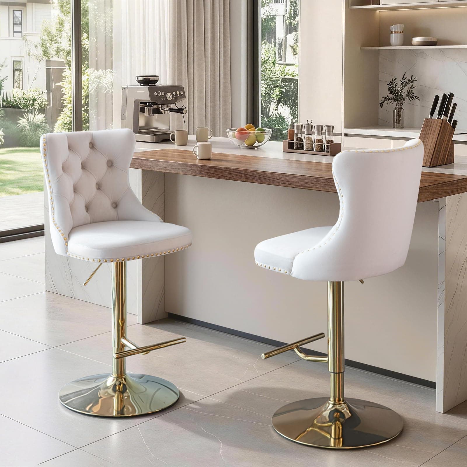 JETEAGO Velvet Bar Stool Set of 2, Adjustable Swivel Bar Stools with Gold Plated Metal Leg,Counter Height Chair for Kitchen, Bar, Dining Room (Beige)