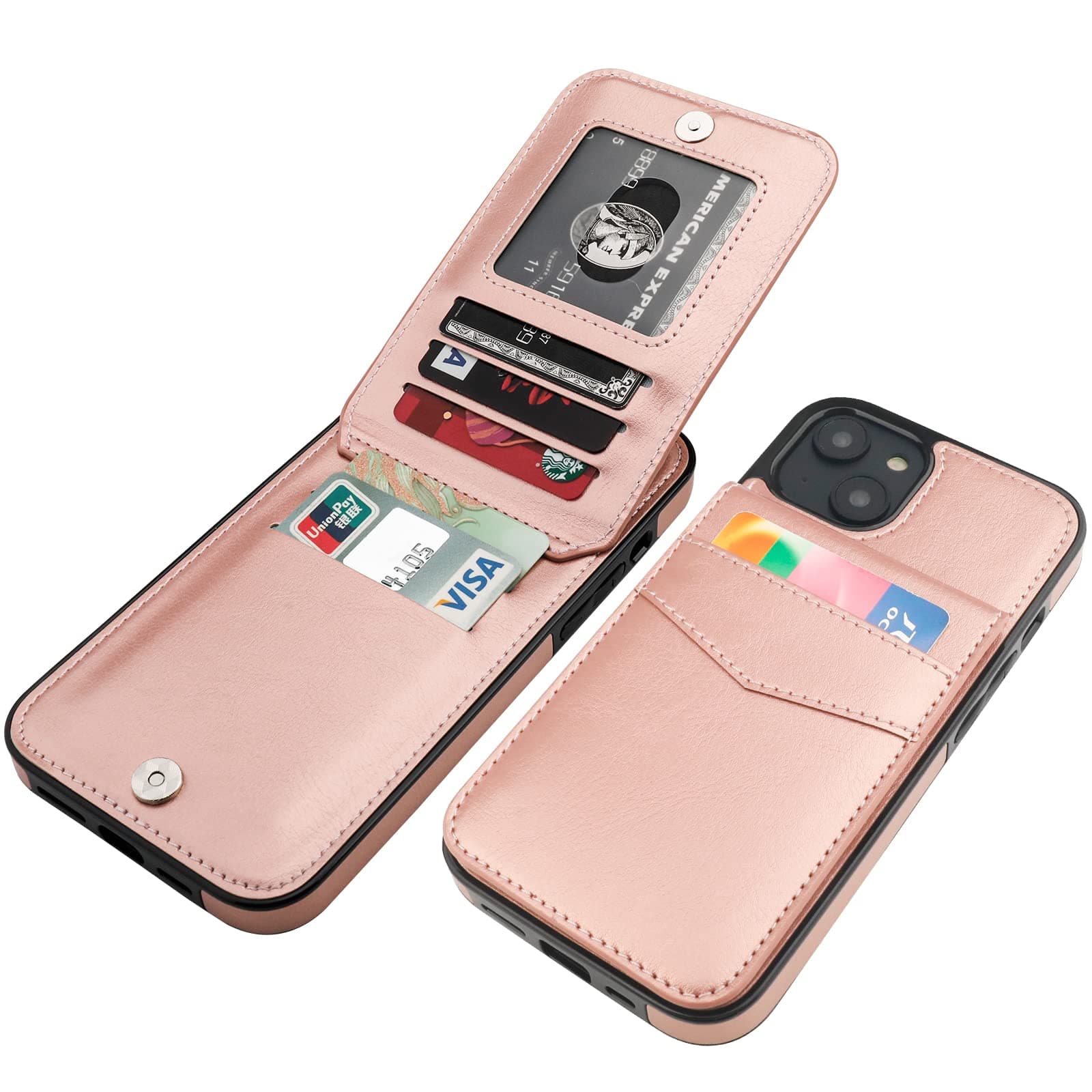 KIHUWEY for iPhone 14 Plus Wallet Case Card Holder Kickstand, Rose Gold