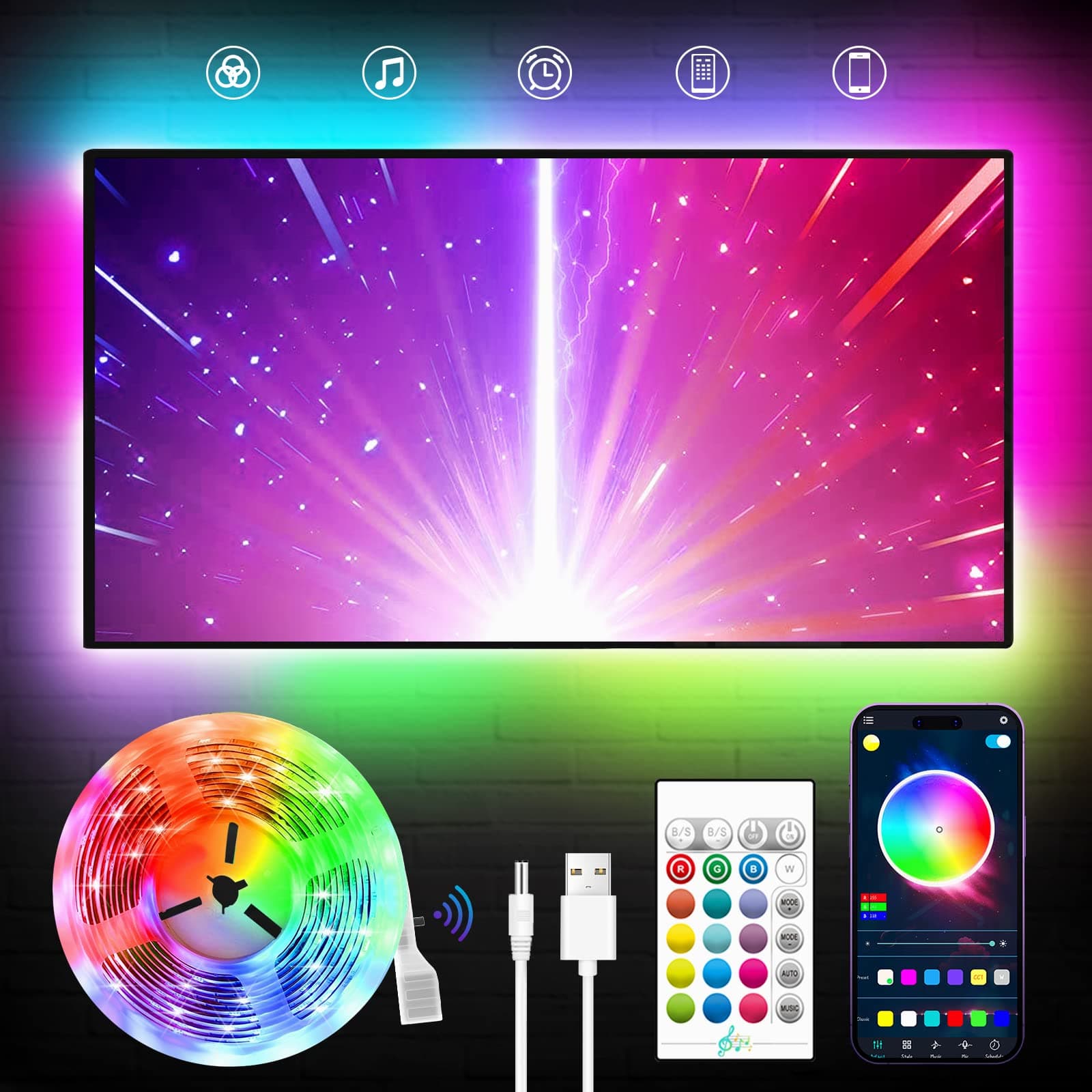 KANTUTOE LED Backlight, 23ft Lights for 32-100 Inch TV, RGB With Remote, Music Sync Bluetooth APP Control LED Strip Lights USB Powered for Bedroom