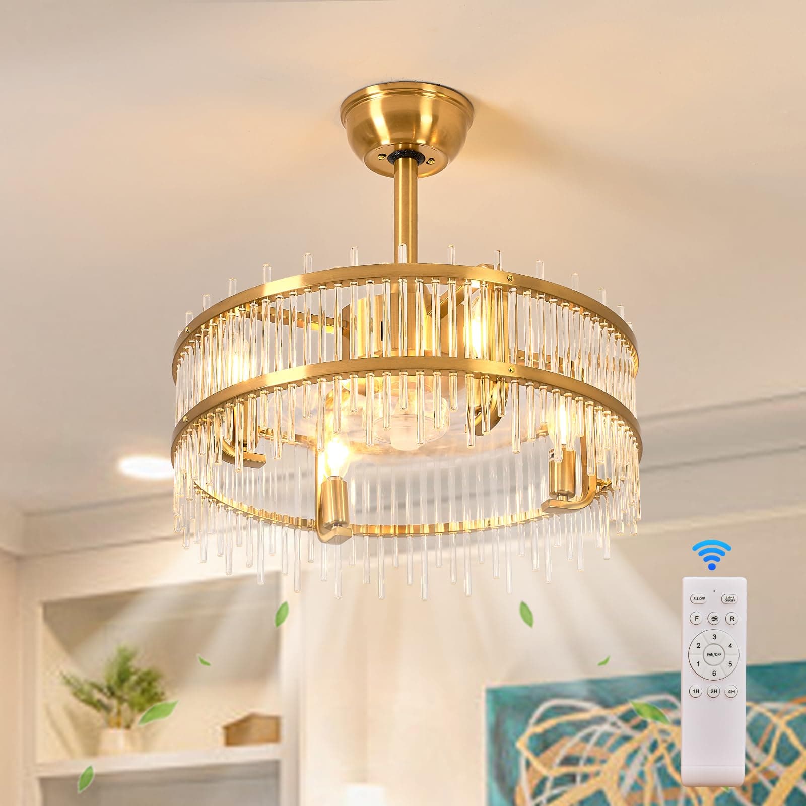 HSMKL Gold Fandelier Caged Ceiling Fans with Lights, 20" Modern Crystal Chandelier Ceiling Fan with Light Remote Control Reversible Motor 6 Speeds for Bedroom, Living Room