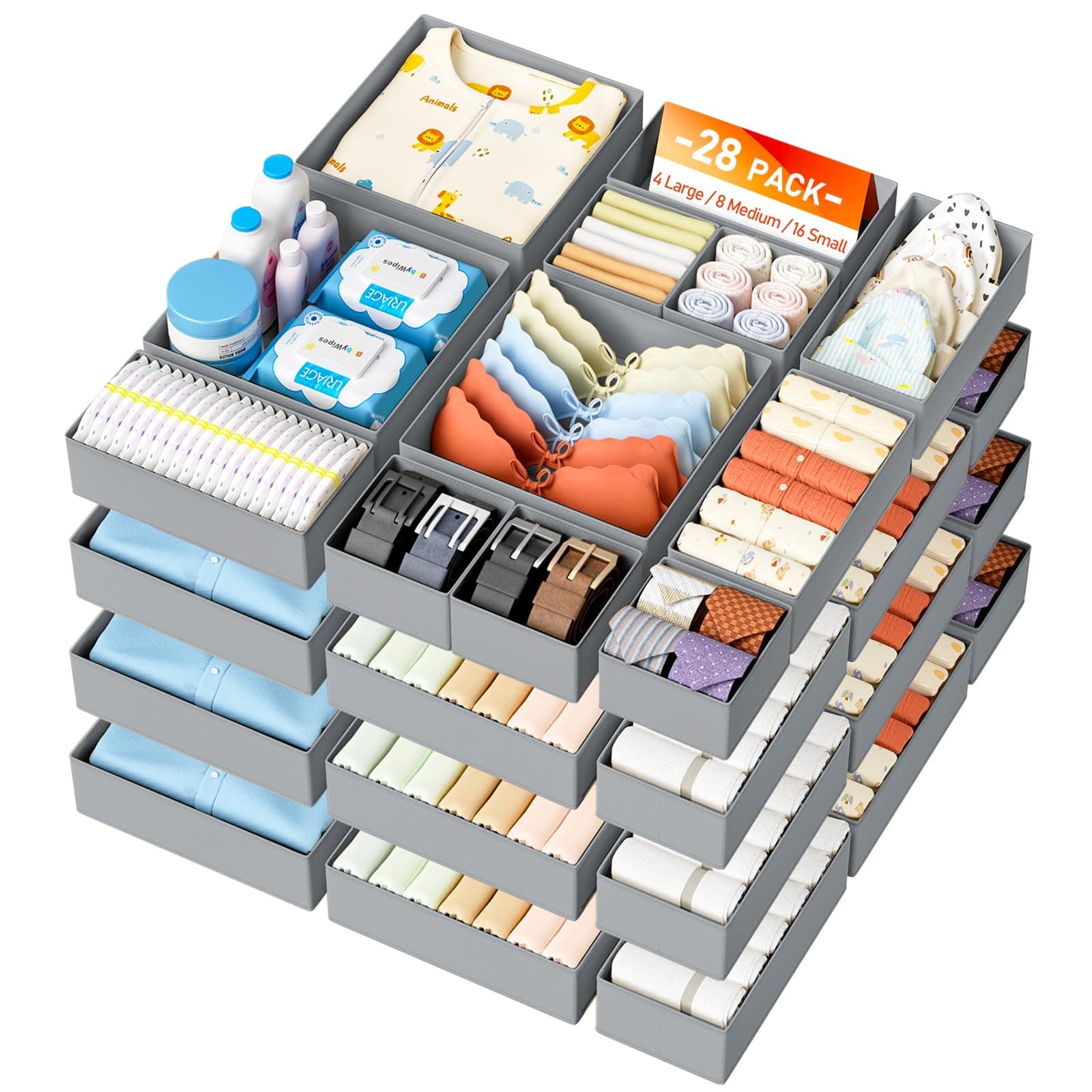 DIMJ Drawer Organizer Clothes 28 Pack - Foldable Baby Organizers and Storage & Closet Organizers for Bedroom, Closet - Nursery Organization Dresser Dividers for underwear, Sock,Bra, Belt, Tie,Gray