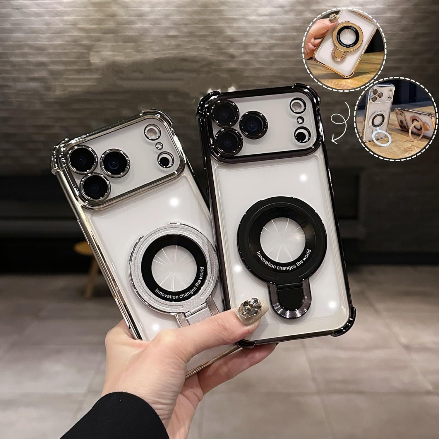 CREXEMI Phone Case, New in Phone Case for iPhone 17 Series - Four Corners Air Cushion Anti-Fall Case for iPhone with Invisible Ring Stand (for iPhone 14promax,Black)