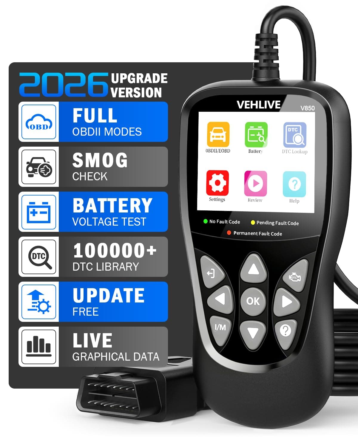 VEHLIVE V850 OBD2 Scanner Diagnostic Tool, Car Code Reader for Check Engine Light with Reset, I/M Readiness, Battery Tester, Live Data, CAN Diagnostic Scan Tool for All OBDII Vehicles After 1996