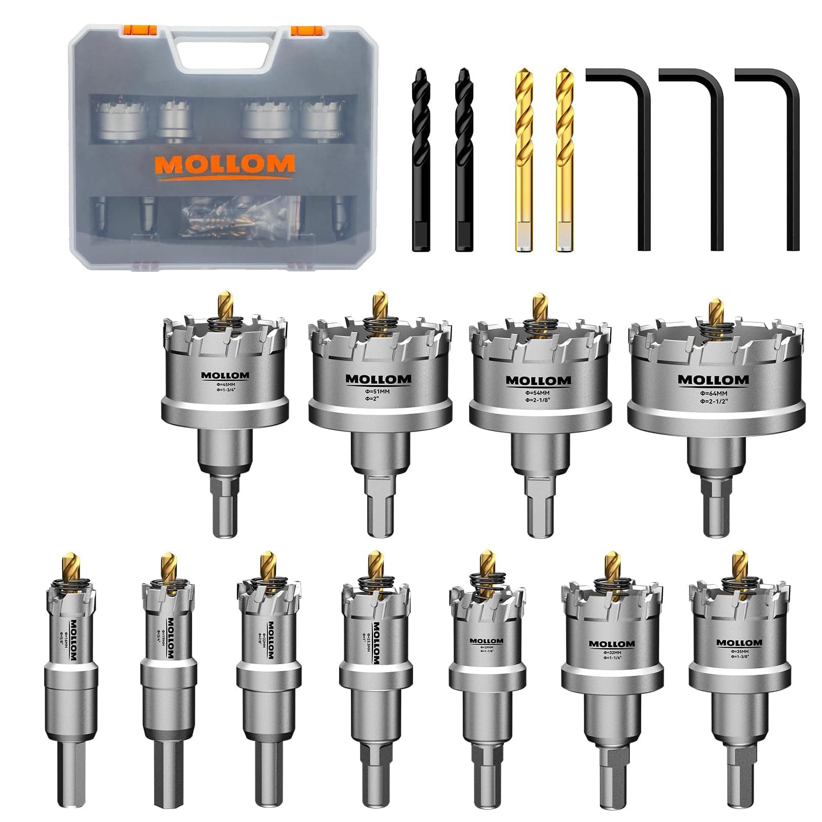 Mollom 11PCS (16-64mm) TCT Carbide Hole Saw Kit for Hard Metal, Hole Cutters with 4Pcs Extra Pilot Drill bits and 3Pcs Hex Keys for Stainless Steel,Iron,Aluminum,Alloy,Metal,Wood
