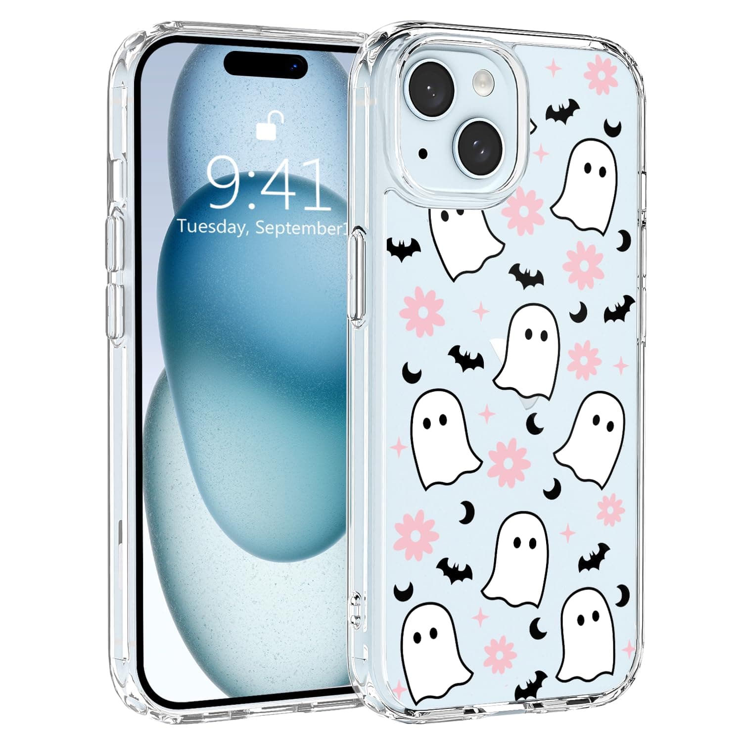 JOYLAND Cute Ghost Phone Case for iPhone 15 Plus Cartoon Halloween Design Clear Cover Soft TPU Bumper Acrylic Hard Back Slim Cover Shockproof Protective Shell for iPhone 15 Plus 6.7 Inch