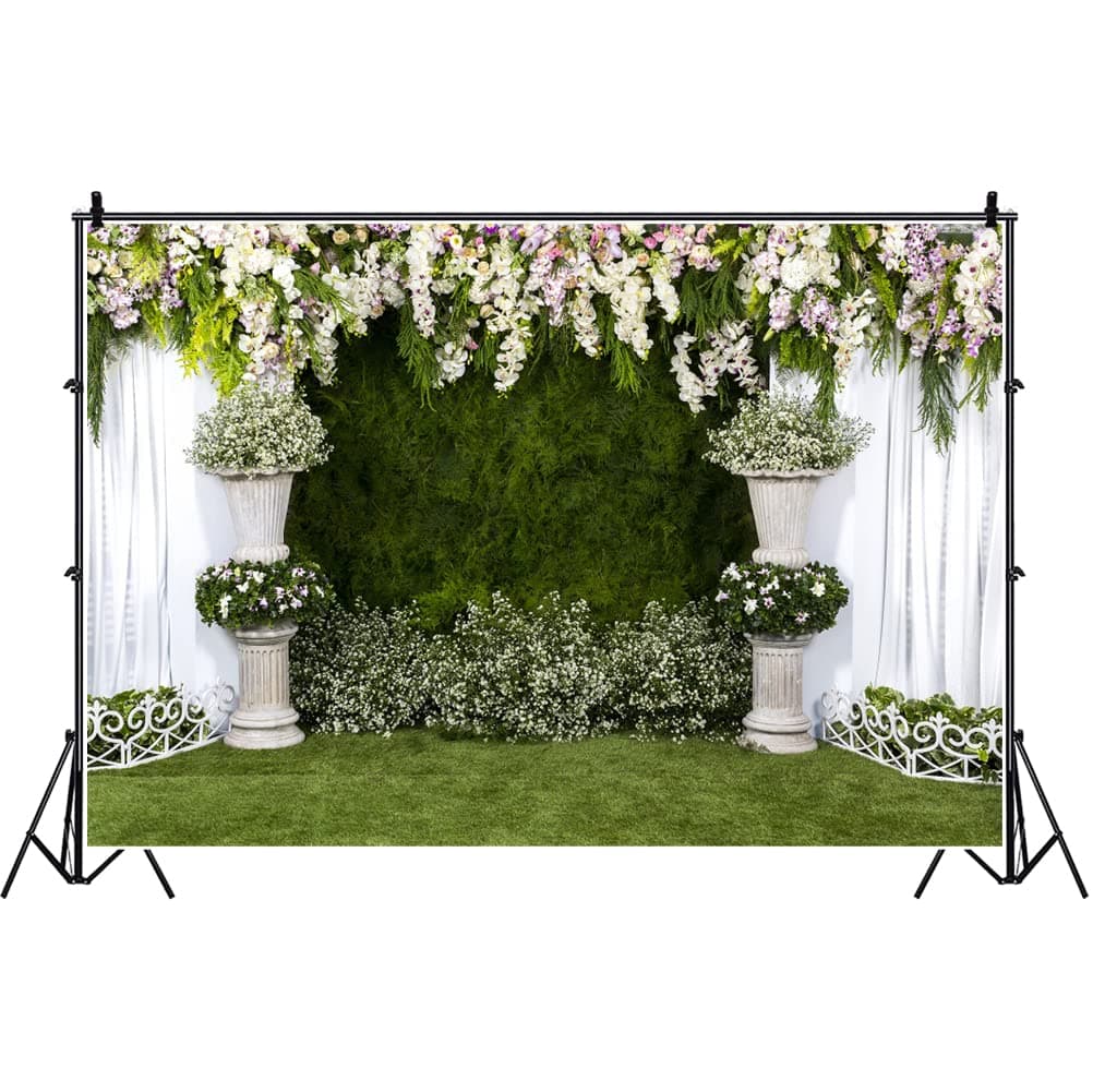 Laeacco Floral Wedding Ceremony Backdrop 7x5ft Bridal Shower Backdrops Stone Pillar Pre-Wedding Photo Studio Green Grassfield White Curtain Green Ivy Wall Birthday Party Decoration Prop