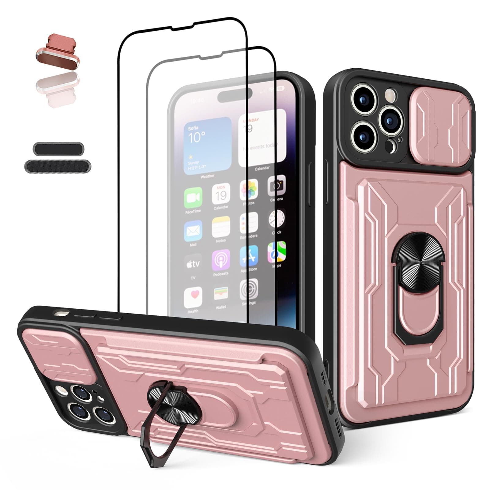 LMDAMZ Wallet Case for Apple iPhone 14 Pro, Credit Card Slot Sliding Door Hide Portable Design, Heavy Duty Double Layer Hybrid Cushioned Rubber Bumper Protection Suitable for 6.1 Inche-Rose Gold