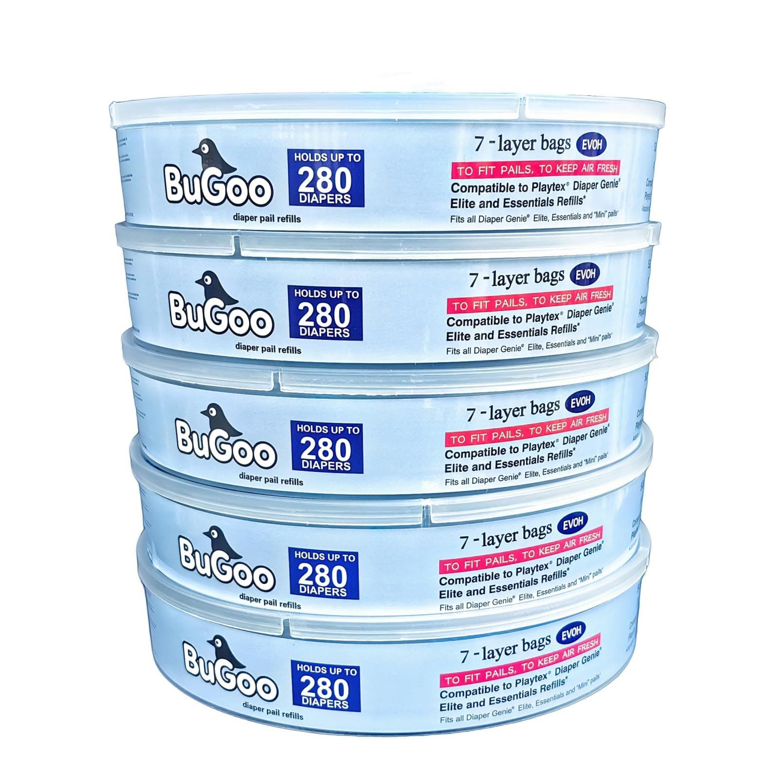 Bugoo Round Diaper Pail Refill Bags Compatible with Diaper Genie & Munchkin, 7-layer Thick Odor Lock Unscented Trash Disposal, 5 Pack 1400 Count
