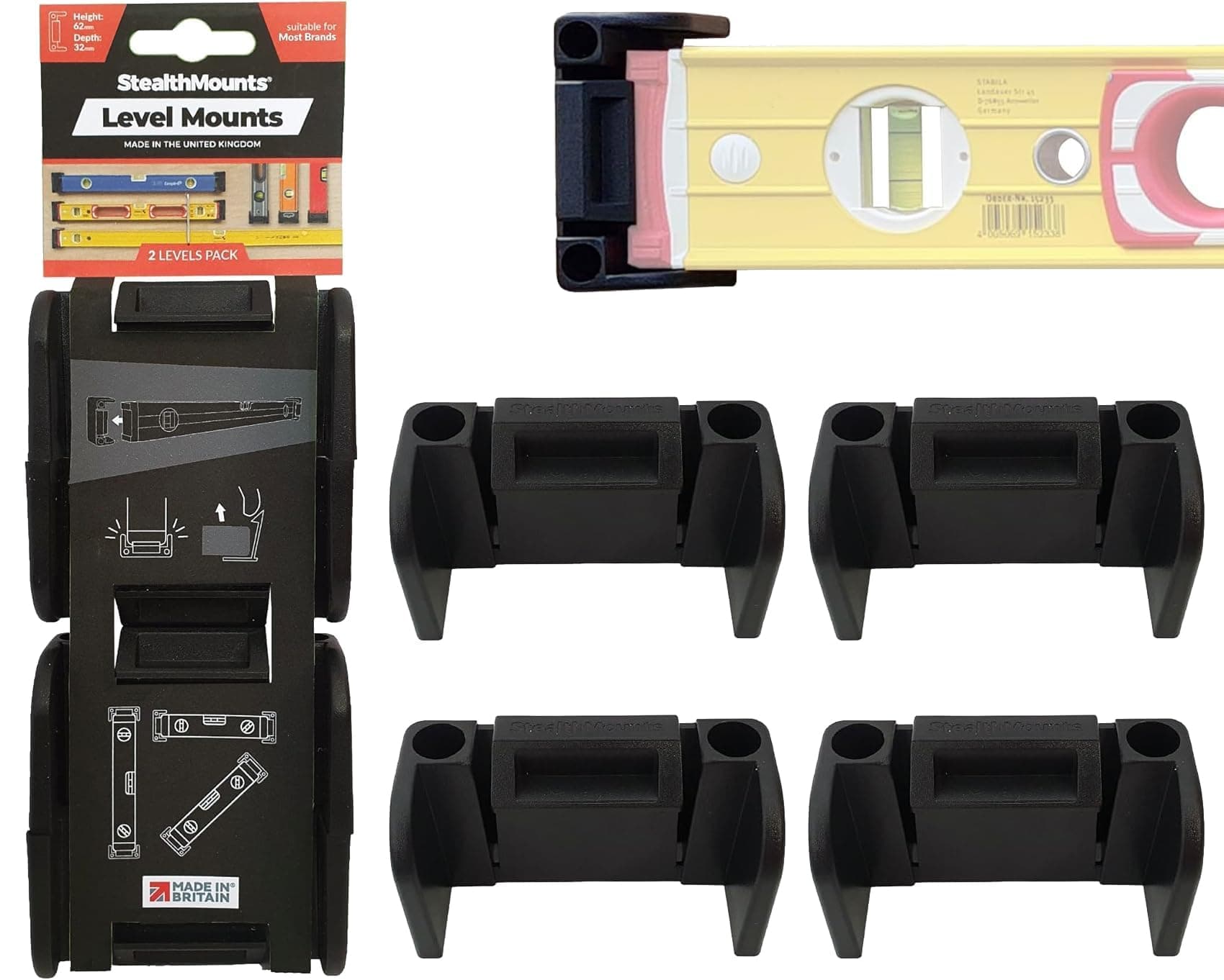 StealthMounts Support universel pour niveau | Pinces de rangement verrouillables pour tous les types de niveaux (lot de 2) | Facile à installer, sécurise vos niveaux de manière pratique