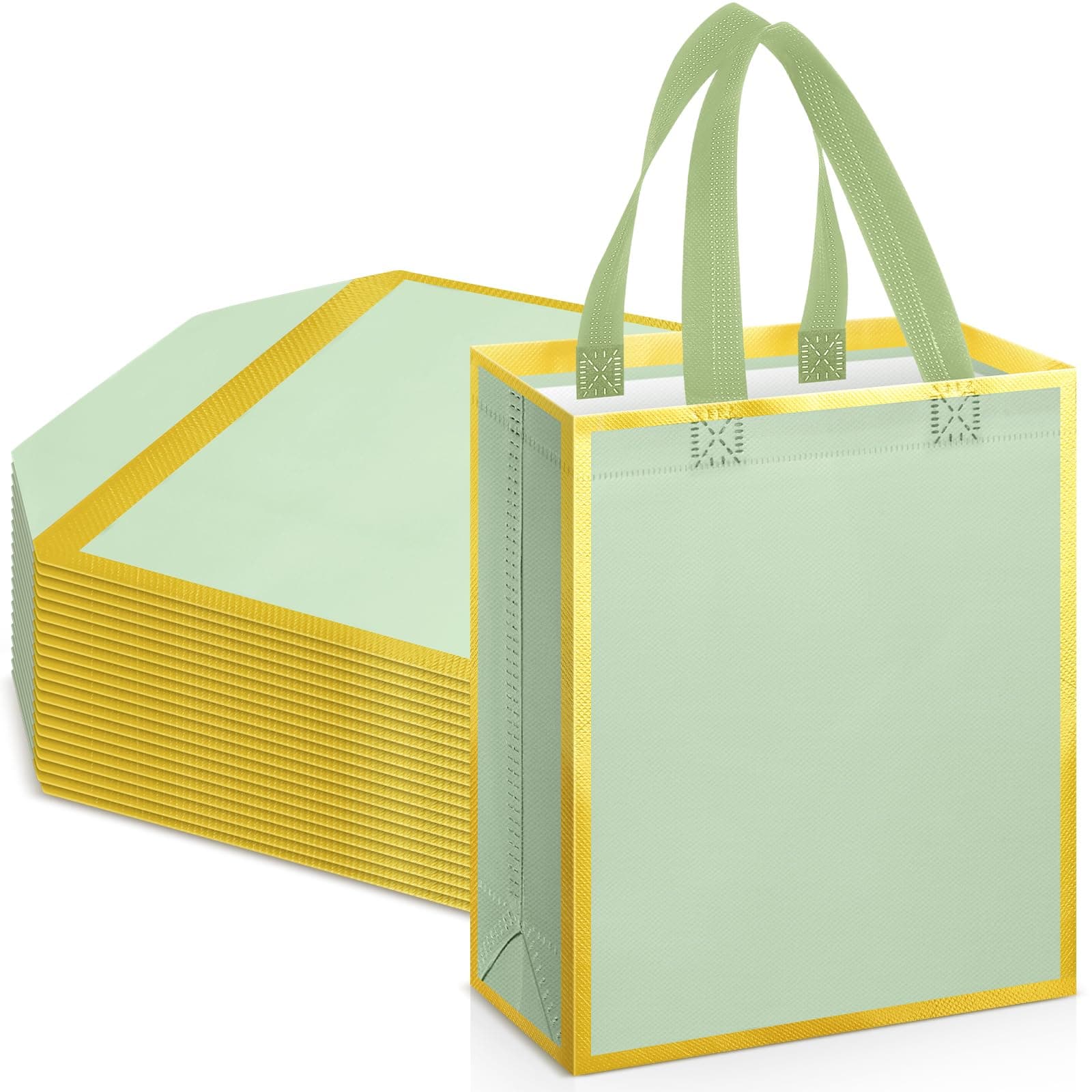 Huhumy 24 Pcs Reusable Gift Bags with Handles 10 x 8 x 4 Thank You Non Woven Tote Bag for Wedding Christmas, Light Green Gold, 10 x 8 x 4 inches, Classic