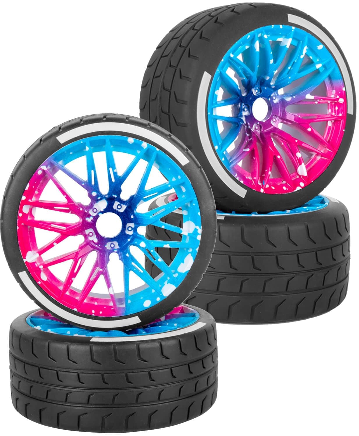 BRCatWPark RC Wheels and Tires for 1/7 Felony 6S BLX,RC Highway Wheel Rubber Tires,4PCS RC Drift Car Highway Tires Road Soft Tires,Blue Pink