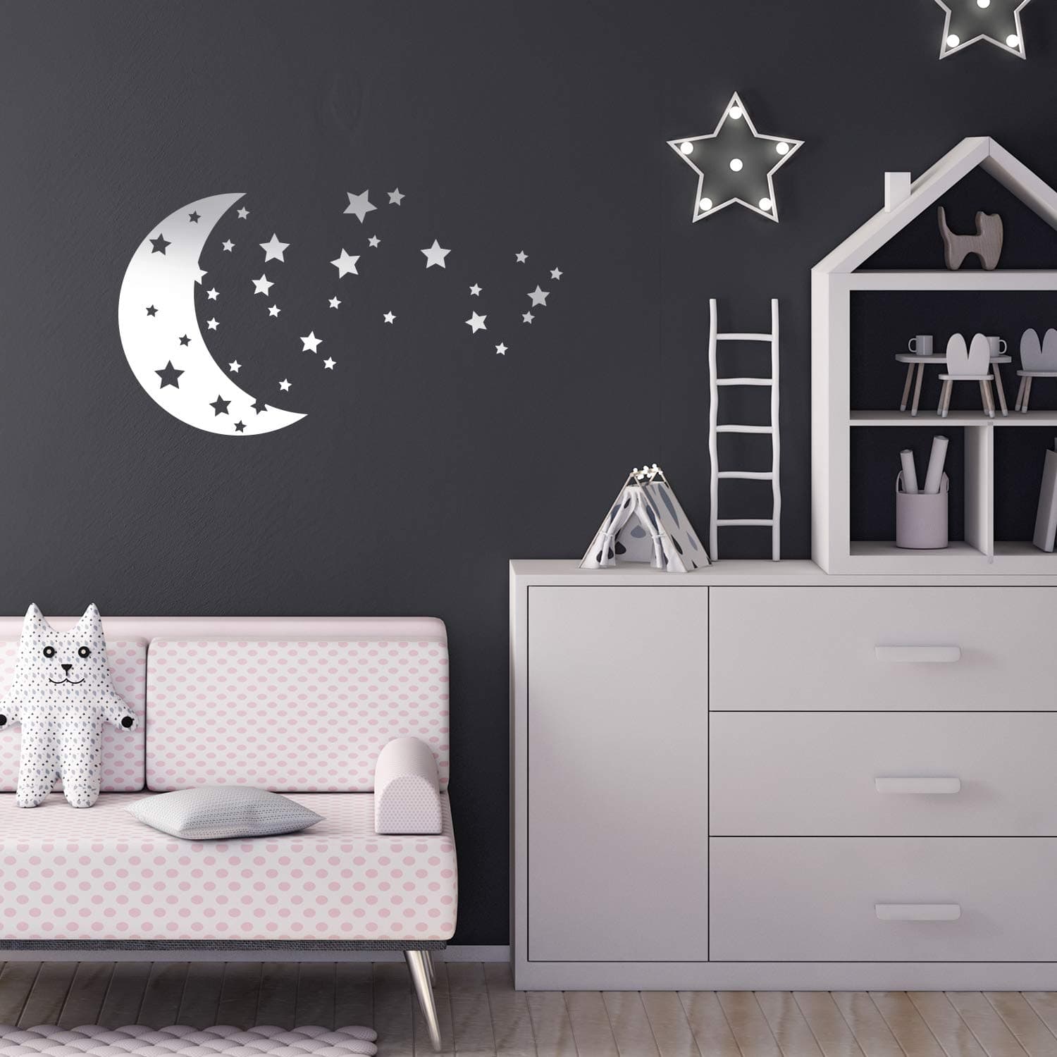 Set of 16 Vinyl Wall Art Decals - Moon and Stars - 17" x 30" - Cute Night Space Shapes for Kids Toddlers Teens Bedroom Playroom Nursery Living Room Home Apartment Decorations (17" x 30", White)