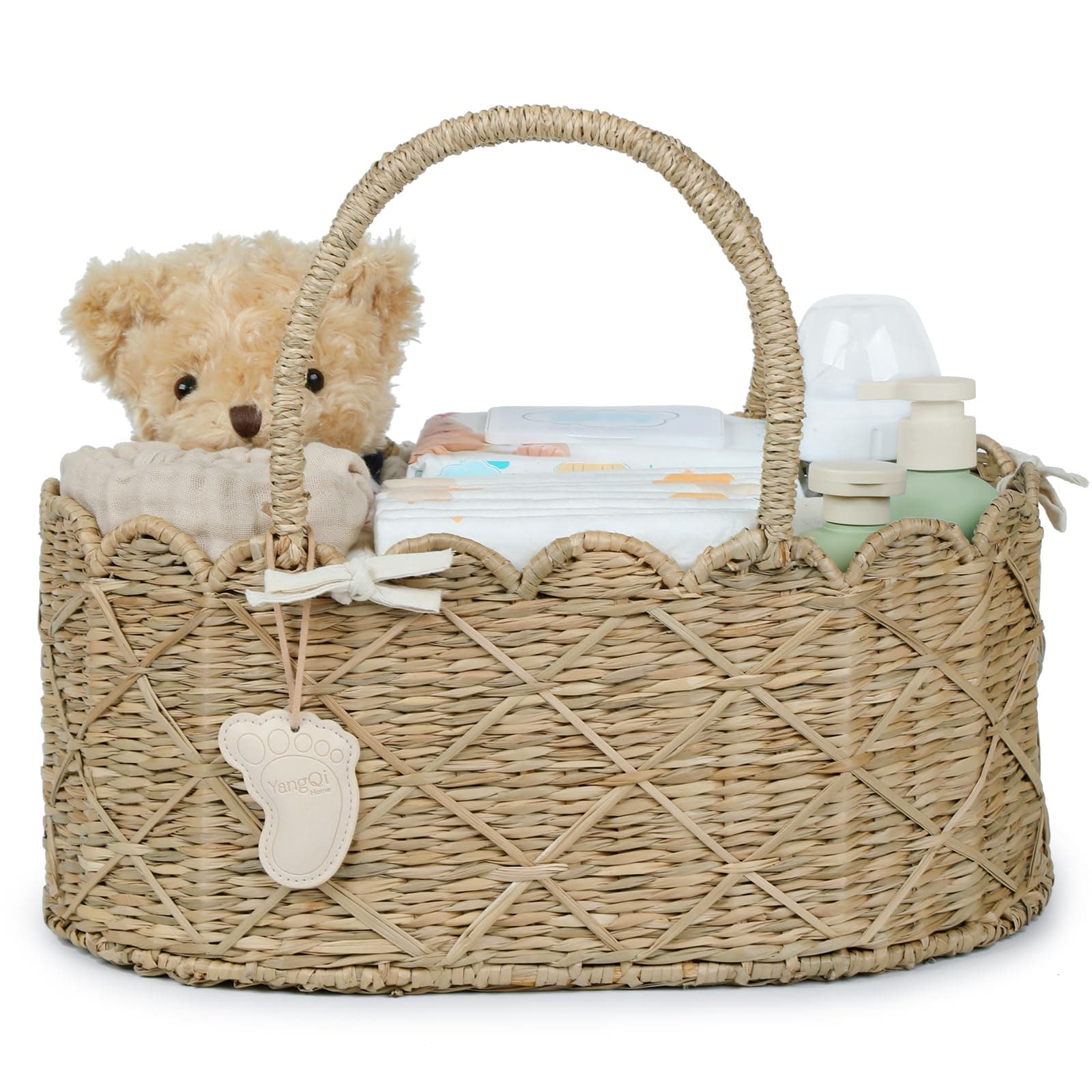 YANGQIHOME Diaper Caddy Organizer, Seagrass Nursery Baby Basket for Baby Essentials, Scalloped Rattan Basket, Baby Shower Gifts (Diamond)