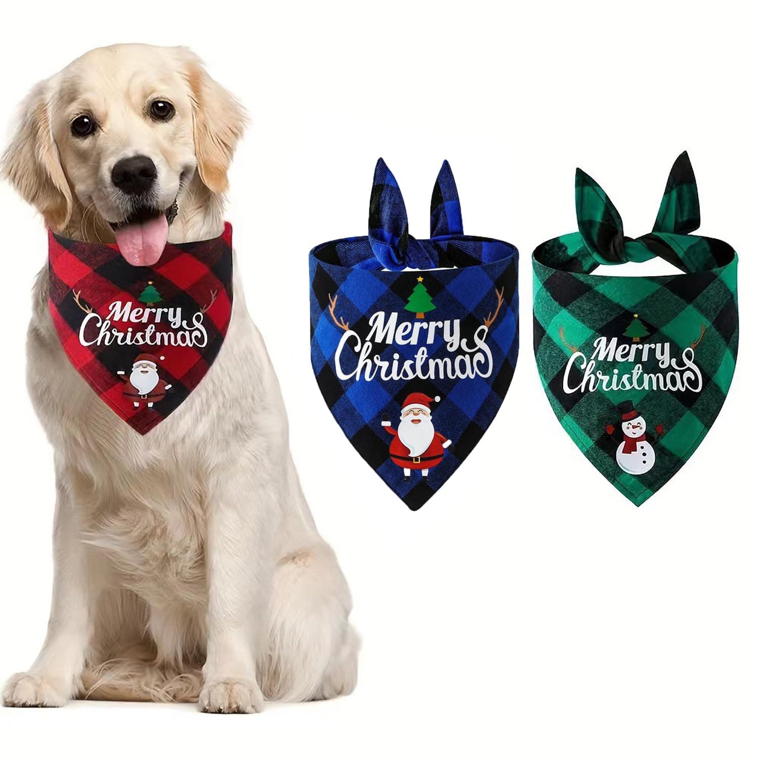 YIBIKEHO Christmas Dog Bandanas, Buffalo Plaid Pet Scarves in Red, Blue, Green with Santa Print, Large 24.8x16.9 Inch, Holiday Winter Accessories