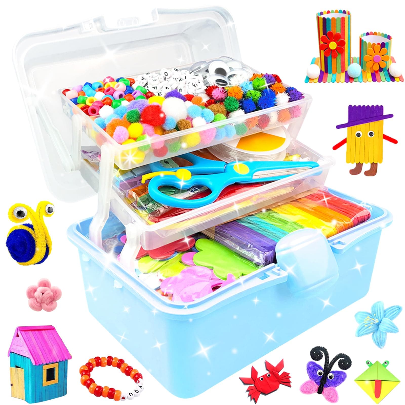 BNUZEIYI 3000Pcs Arts and Crafts Supplies for Kids Craft Kit 3-Layered Craft Box Supplies Materials Set with DIY Pipe Cleaners Craft for kids Toys Gifts for Toddlers Girls Boys 4-6, 6-8, 8-12, Blue