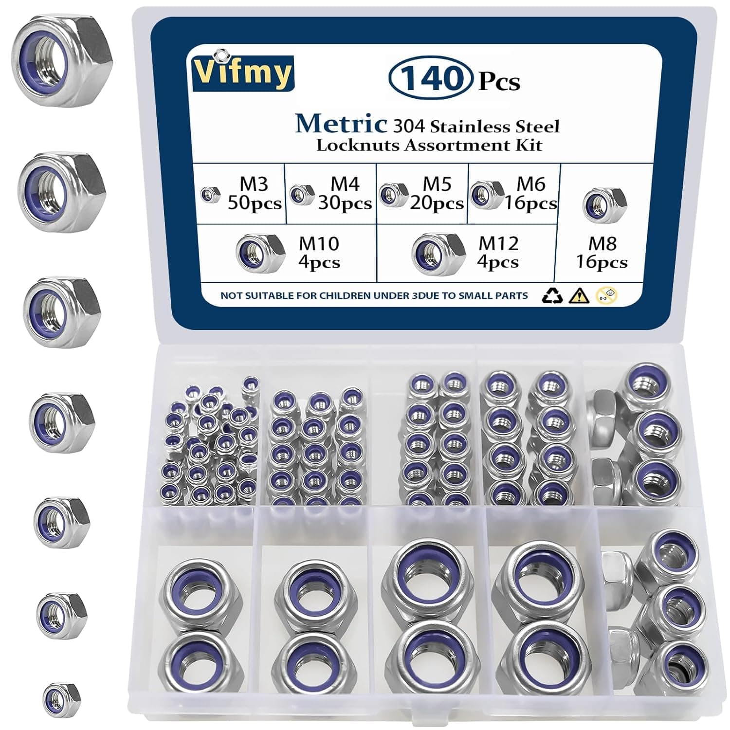 Vifmy Locknuts Assortment Kit,M3 M4 M5 M6 M8 M10 M12 140PCS Metric Nylon Insert Lock Nuts Set,304 Stainless Steel Lock Nuts for Bolt