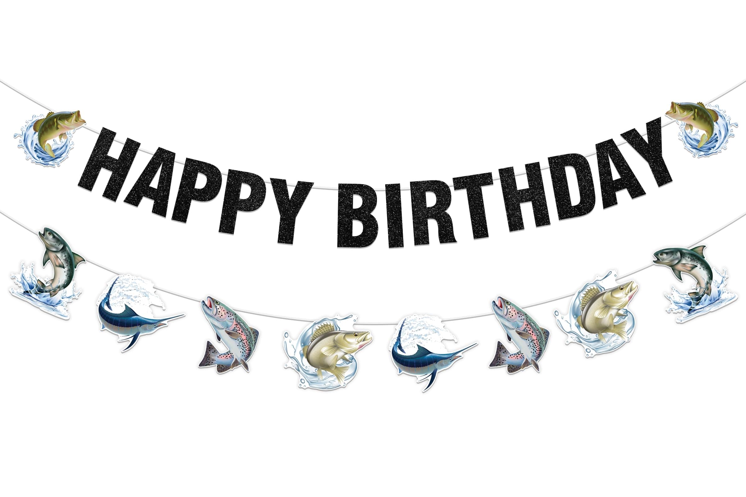 Cheereveal Fish Happy Birthday Banner, Gone Fishing Bunting Garland, Freshwater Pond Outdoor Salt Birthday Party Decoration, Fishing Competition Retirement Barbecue Party Supplies