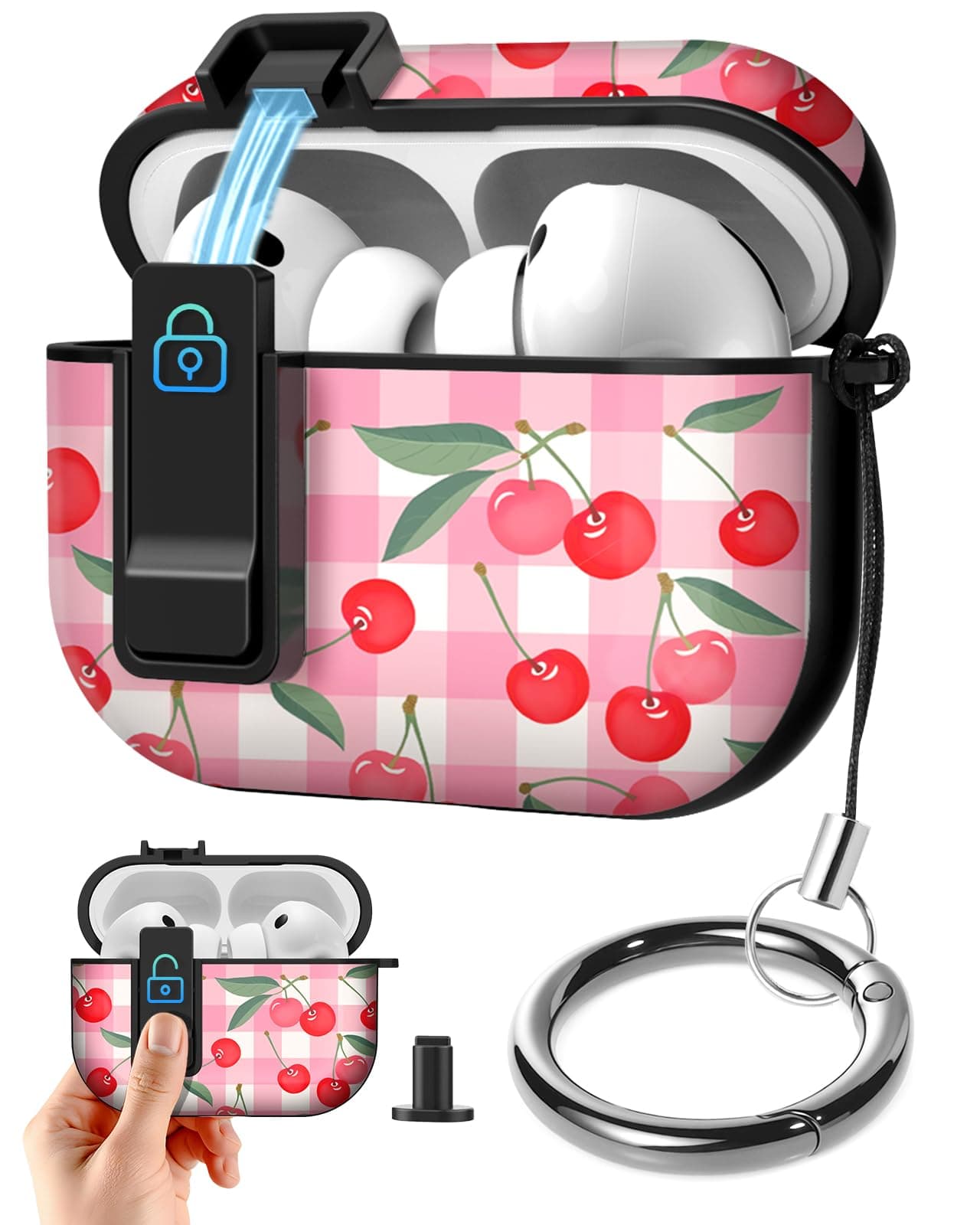 Joyleop for Airpods Pro 3 Case - with Safety Lock Cute Women Girl Girly Asethetic Pretty Design Hard Shock Protective Cover with Keychain for Airpods Pro 3rd Gerneration 2025,Cherry